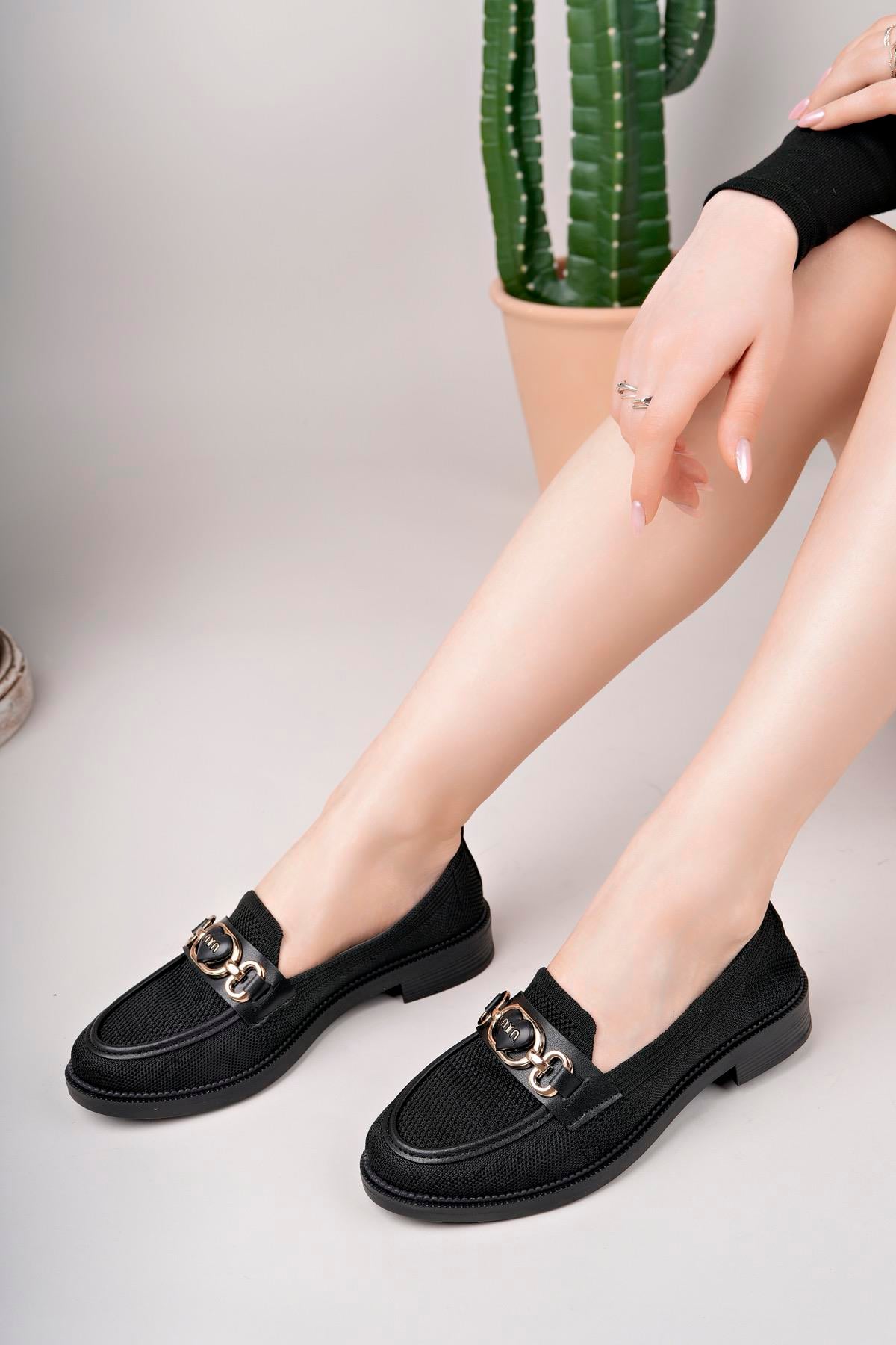 Kadın Nude Zincir Tokalı Kalın Taban Pu Deri Günlük Klasik Topuklu Loafer Makosen Ayakkabı F Krem Tekstil FS Siyah Tekstil