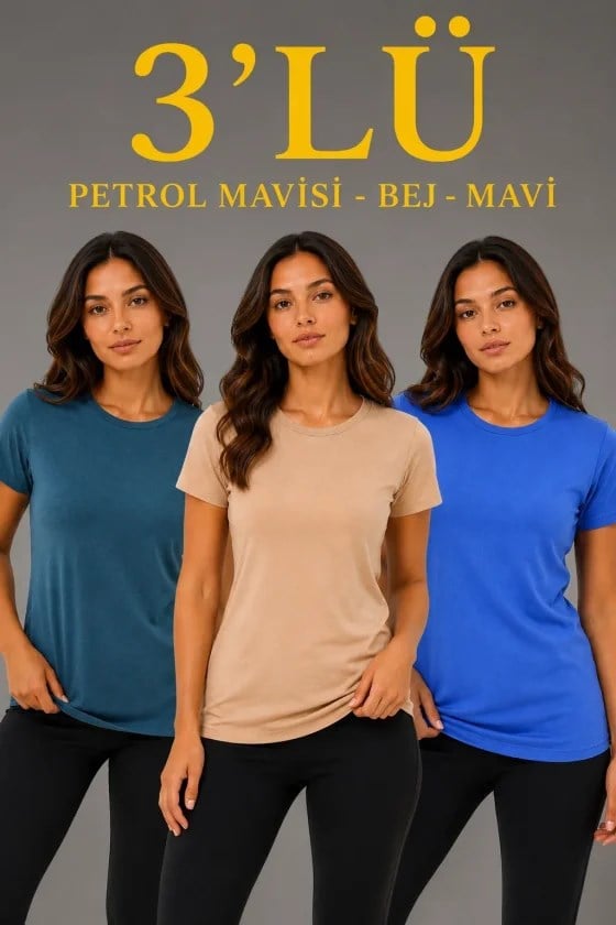 3’lü Kısa Kollu Bisiklet Yaka Basic Slim Fit T-Shirt -Petrol Mavisi  - Bej - Mavi