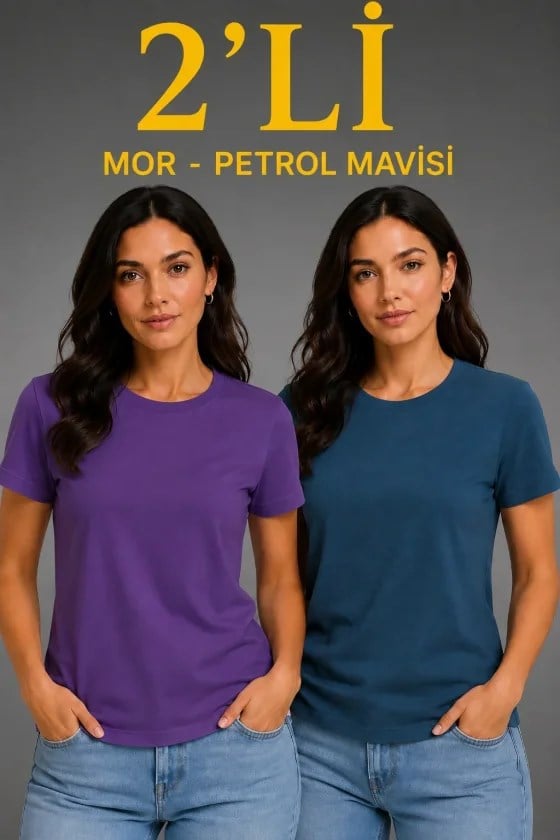 Basic Bisiklet Yaka Yazlık Slim Fit T-Shirt - Mor - Petrol Mavisi