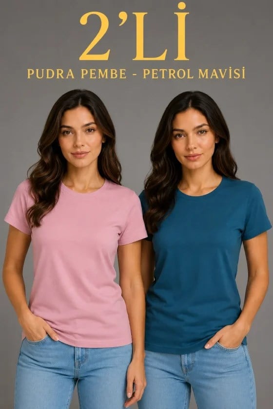 Basic Bisiklet Yaka Yazlık Slim Fit T-Shirt - Pudra Pembe - Petrol Mavi