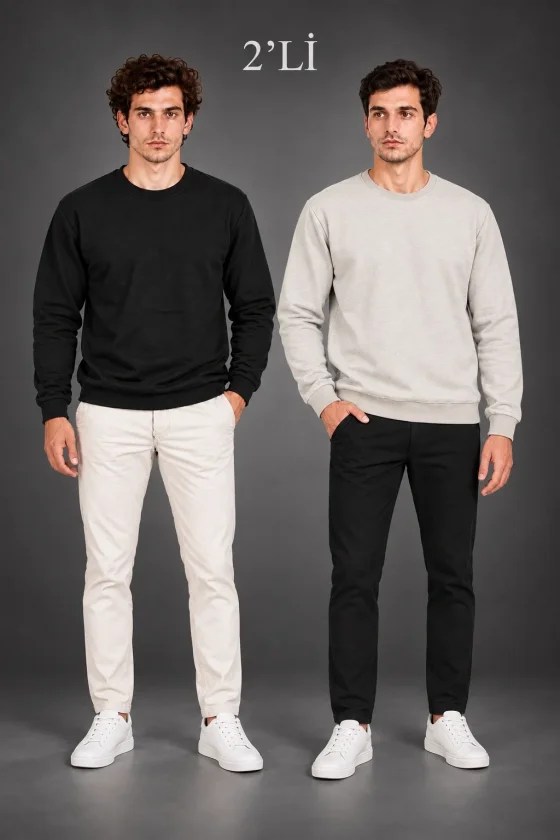 Erkek 2Li Bisiklet Yaka İçi Şardonlu 2 İplik Düz Uzun Kollu Regular Fit Sweatshirt - Siyah - Gri