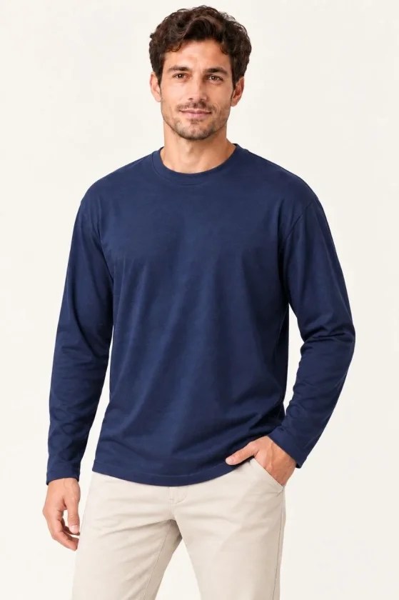 Erkek Modal Yumuşak Dokulu Bisiklet Yaka Uzun Kollu Tişört Sweatshirt - Lacivert