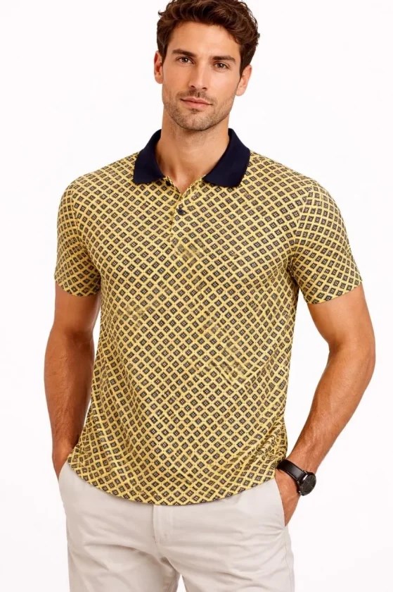 Erkek Pike Kumaş Polo Yaka Desenli Tişört Kısa Kol Yazlık T-Shirt - Sarı