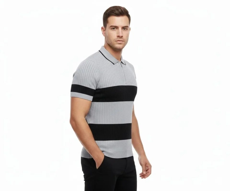 Erkek T-shirt Çizgili Triko Dokuma Kumaş Polo Yaka Yarım Fermuarlı Regular Kalıp Tişört - Gri