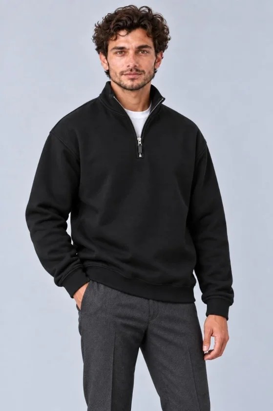 Erkek Üç İplik İçi Şardonlu Dik Yaka Yarım Fermuarlı Kışlık Sweatshirt - Siyah