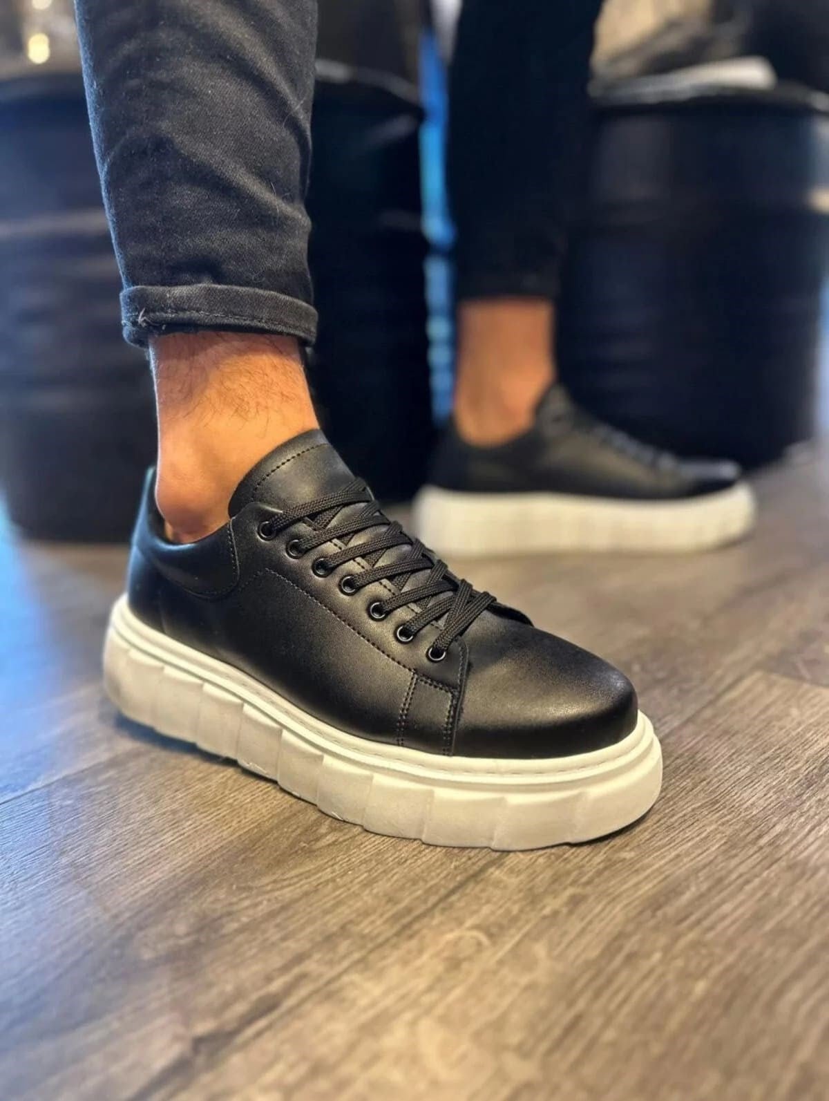 JY144 Volt Bağcıklı Cilt Erkek Günlük Sneaker Yüksek Taban Ayakkabı CBT Siyah