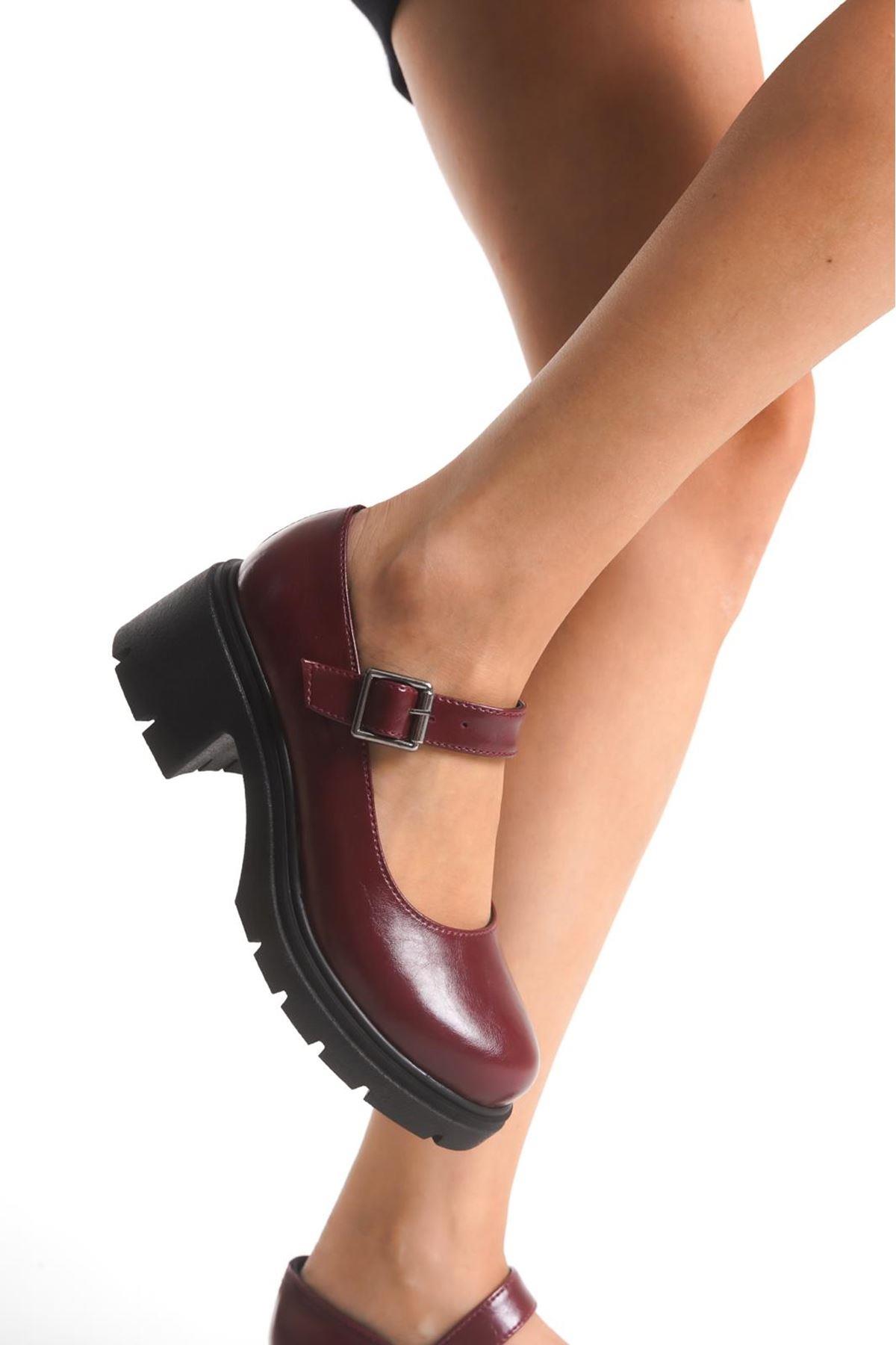 K-708 Bordo Kırışık Rugan Tokalı Yüksek Tabanlı Loafer Ayakkabı