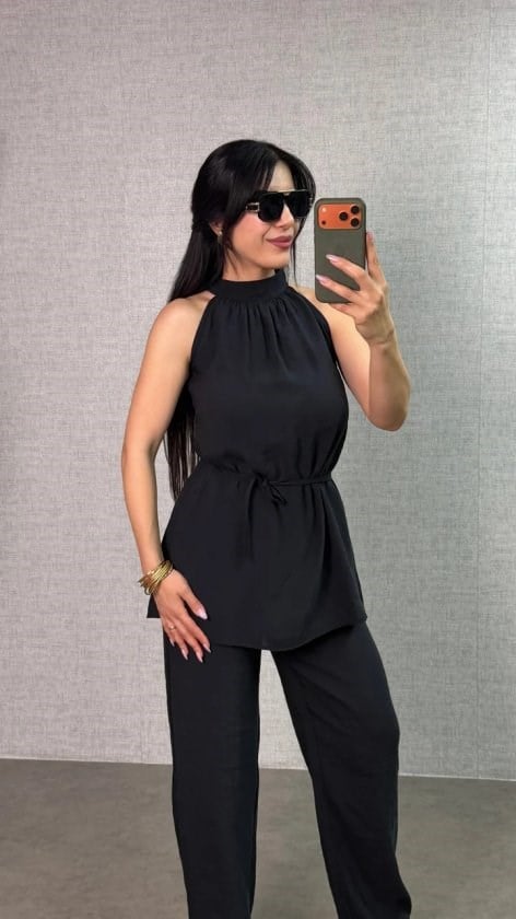 Kadın Halter Yaka Beli Kuşak Detaylı Ikili Takım