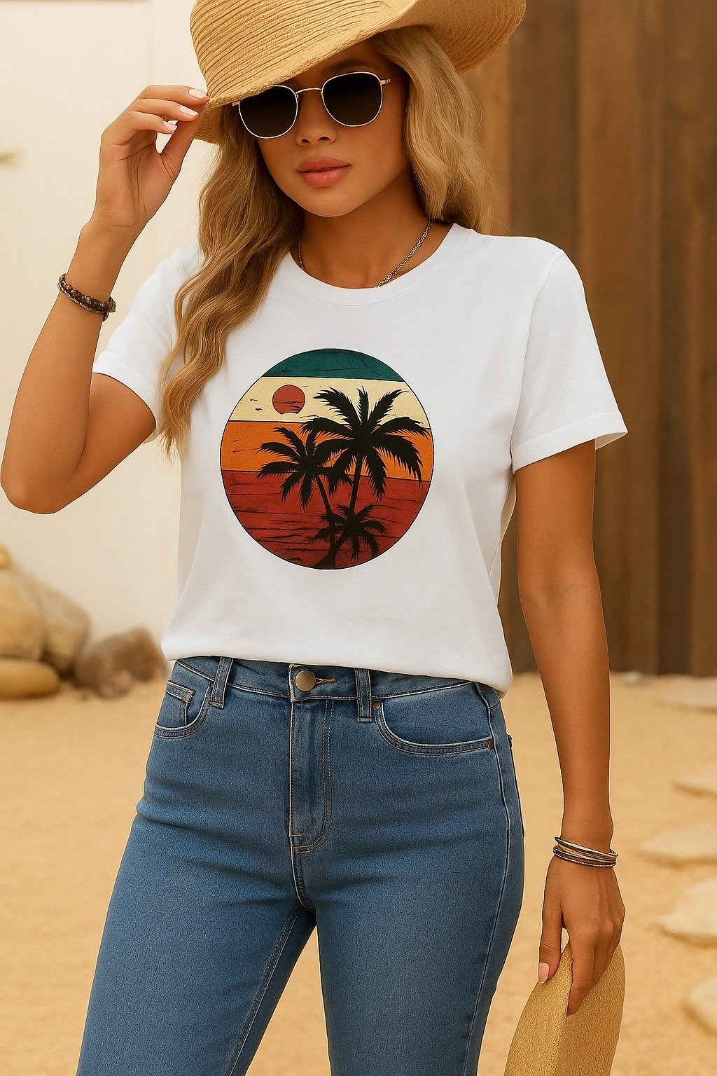 Kadın Kısa Kollu Palmiye Baskılı Viskon T-shirt
