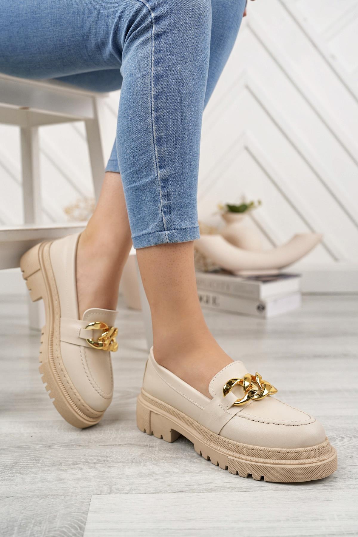 Aymood Kadın Nude Zincirli Kalın Taban Loafer Makosen Ayakkabı