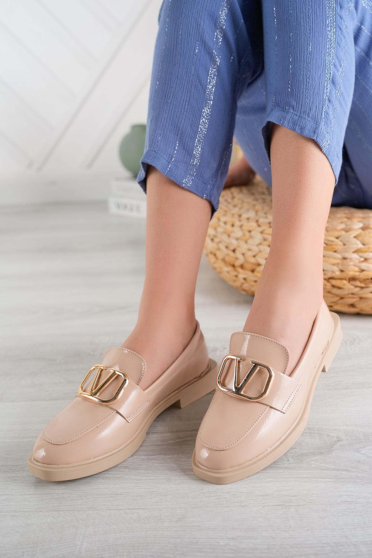 Aymood Valentina Nude Rugan Tokalı Kalın Taban PU Deri Günlük Klasik Topuklu  Loafer Makosen Ayakkabı