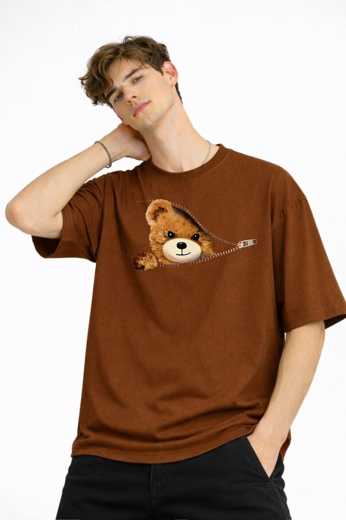 MN - Bear Baskılı Oversize Tişört KAHVE