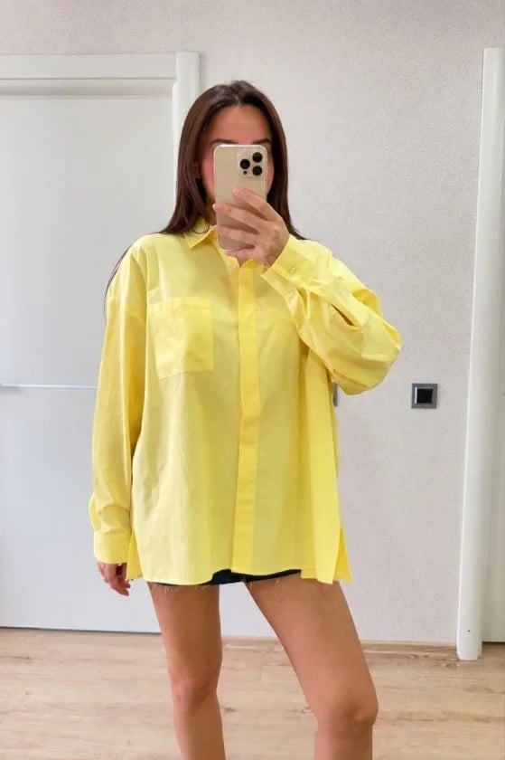 Oversize Pens Detaylı Cepli Yırtmaçlı Rahat Kalıp Poplin Gömlek - Sarı