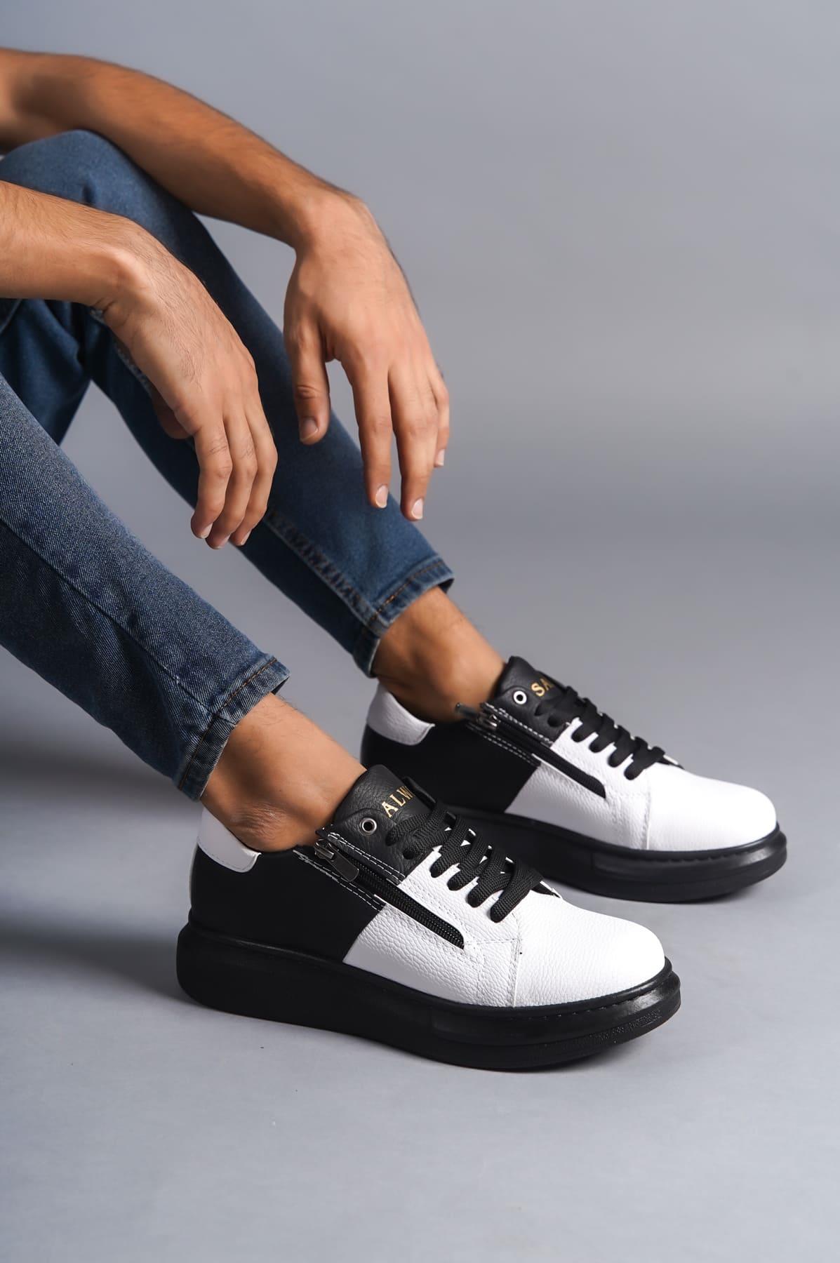 SLW155 Impact Bağcıklı ve Fermuarlı Cilt Erkek Günlük Sneaker Ayakkabı ST Siyah/Beyaz