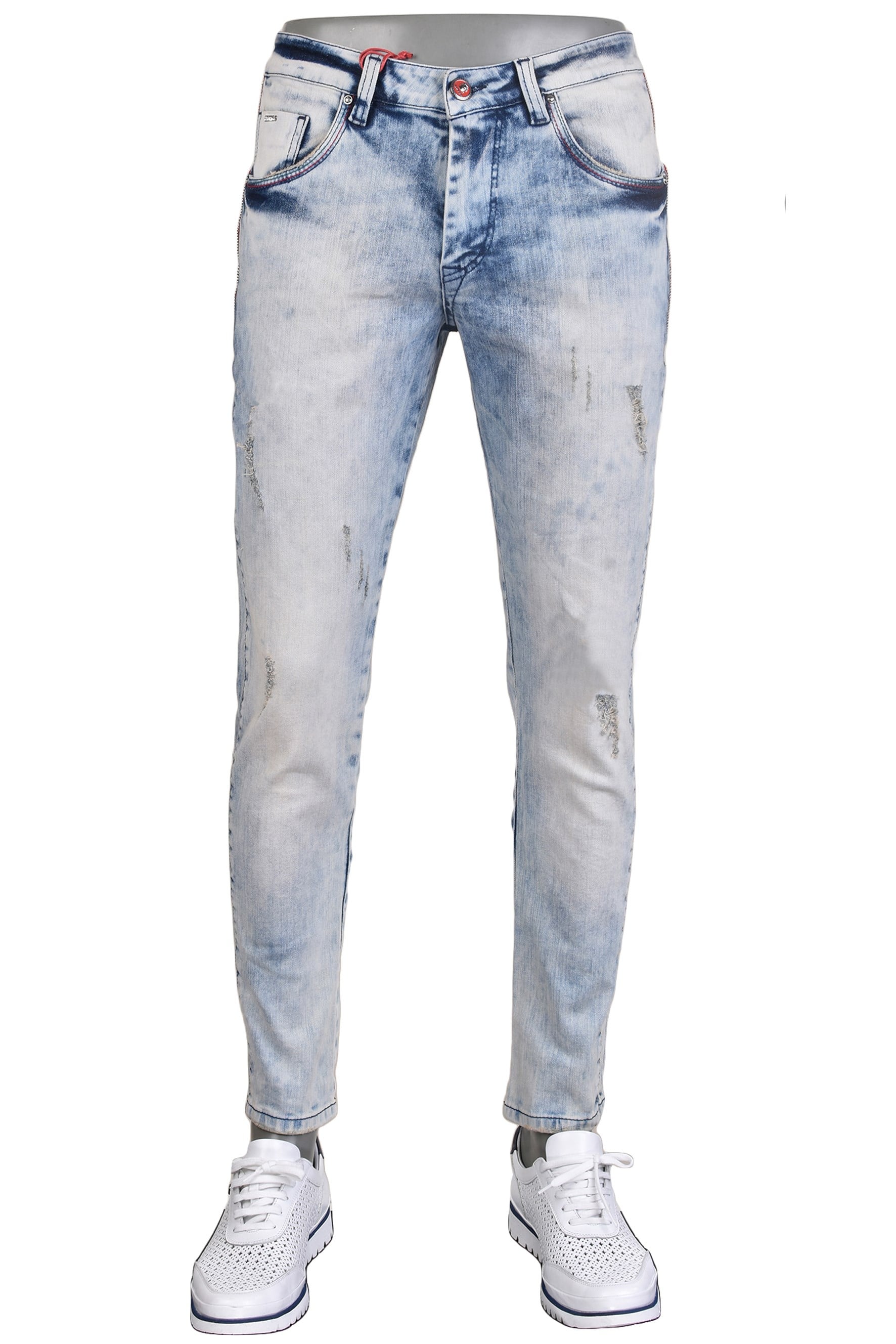 Açık Mavi Yanı Fermuar Detaylı Taşlanmış Jeans