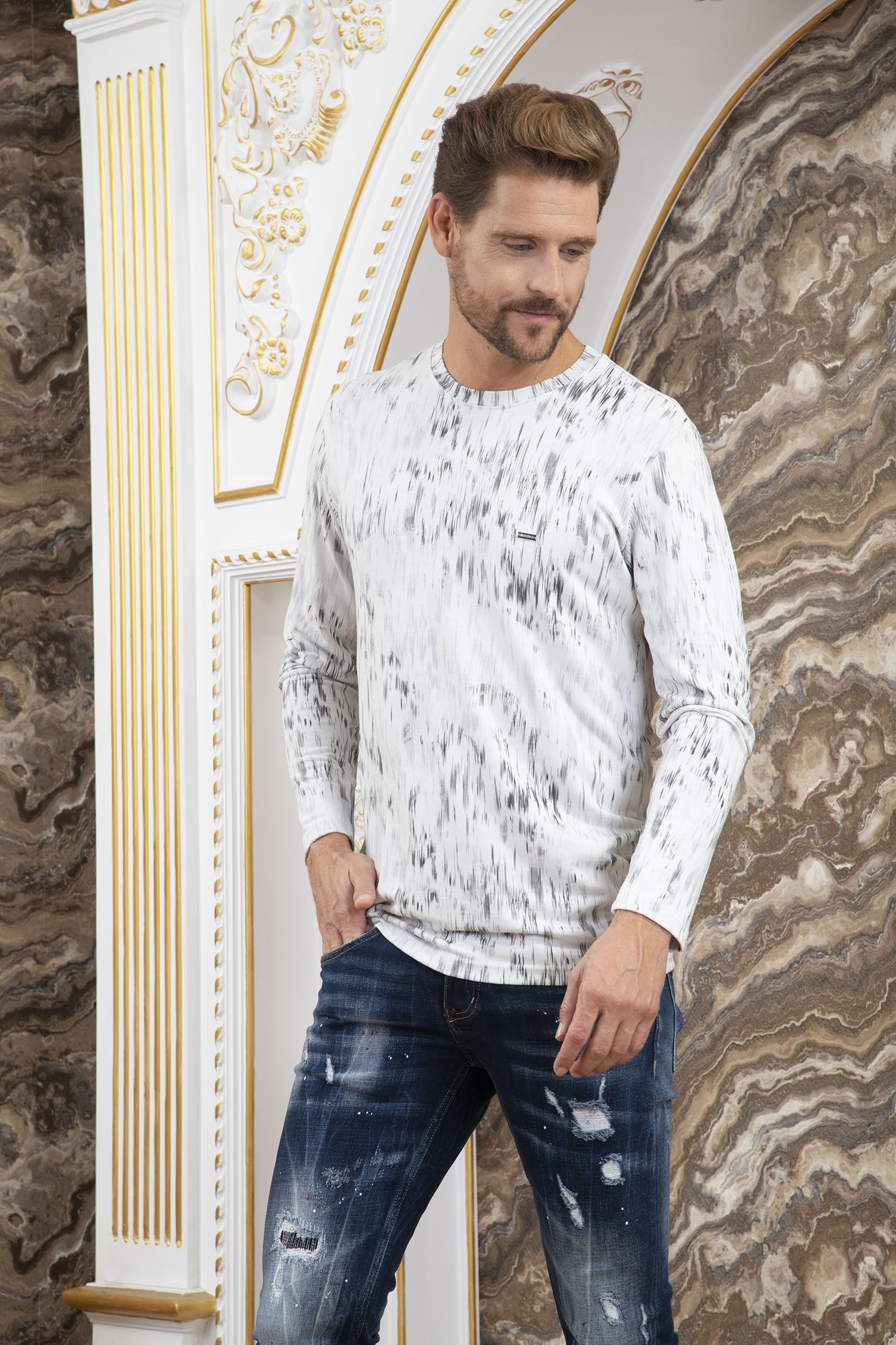 Beyaz Gri Desenli Sweatshirt