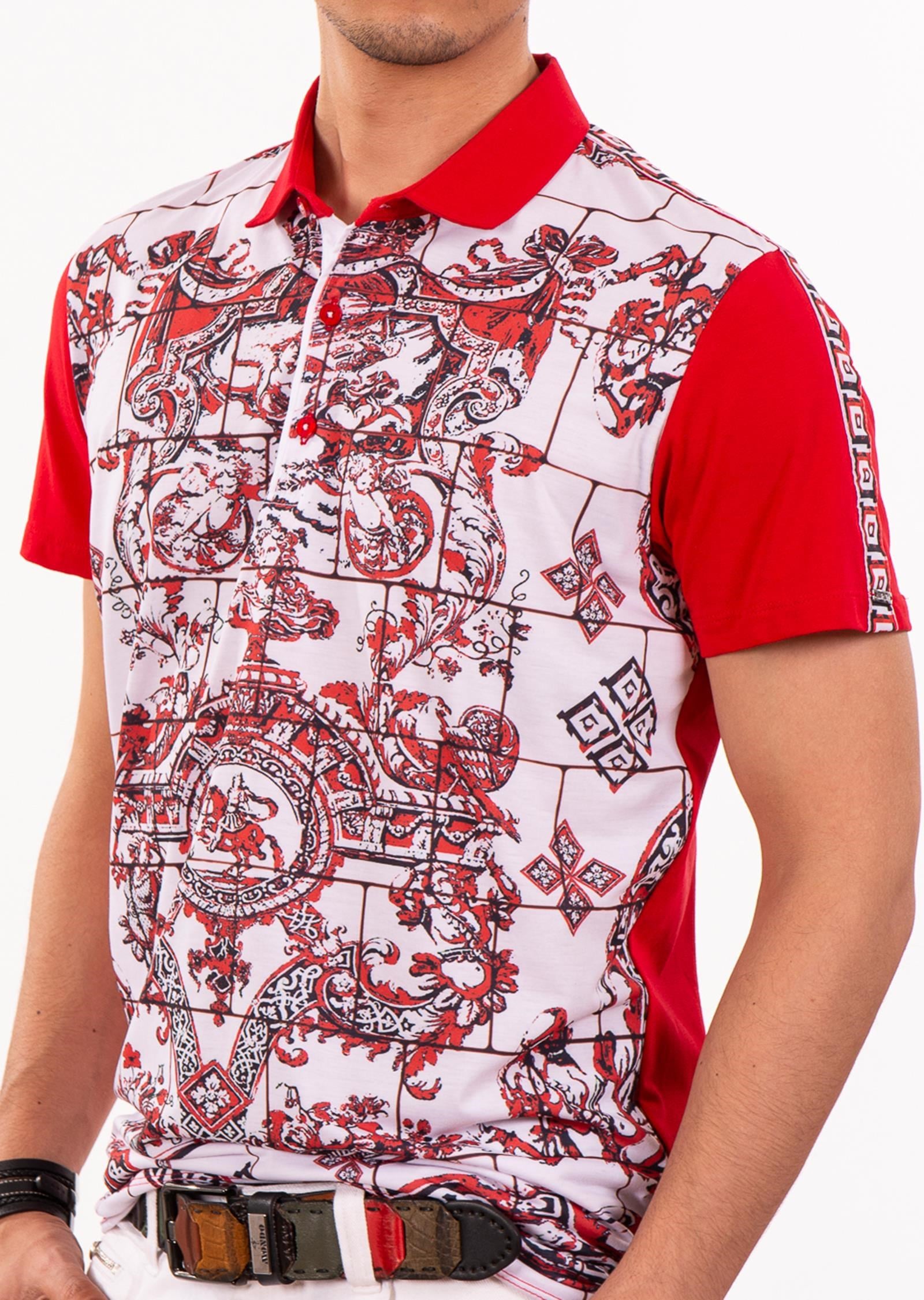 Beyaz Kırmızı Barok Desenli Polo Yaka T-Shirt