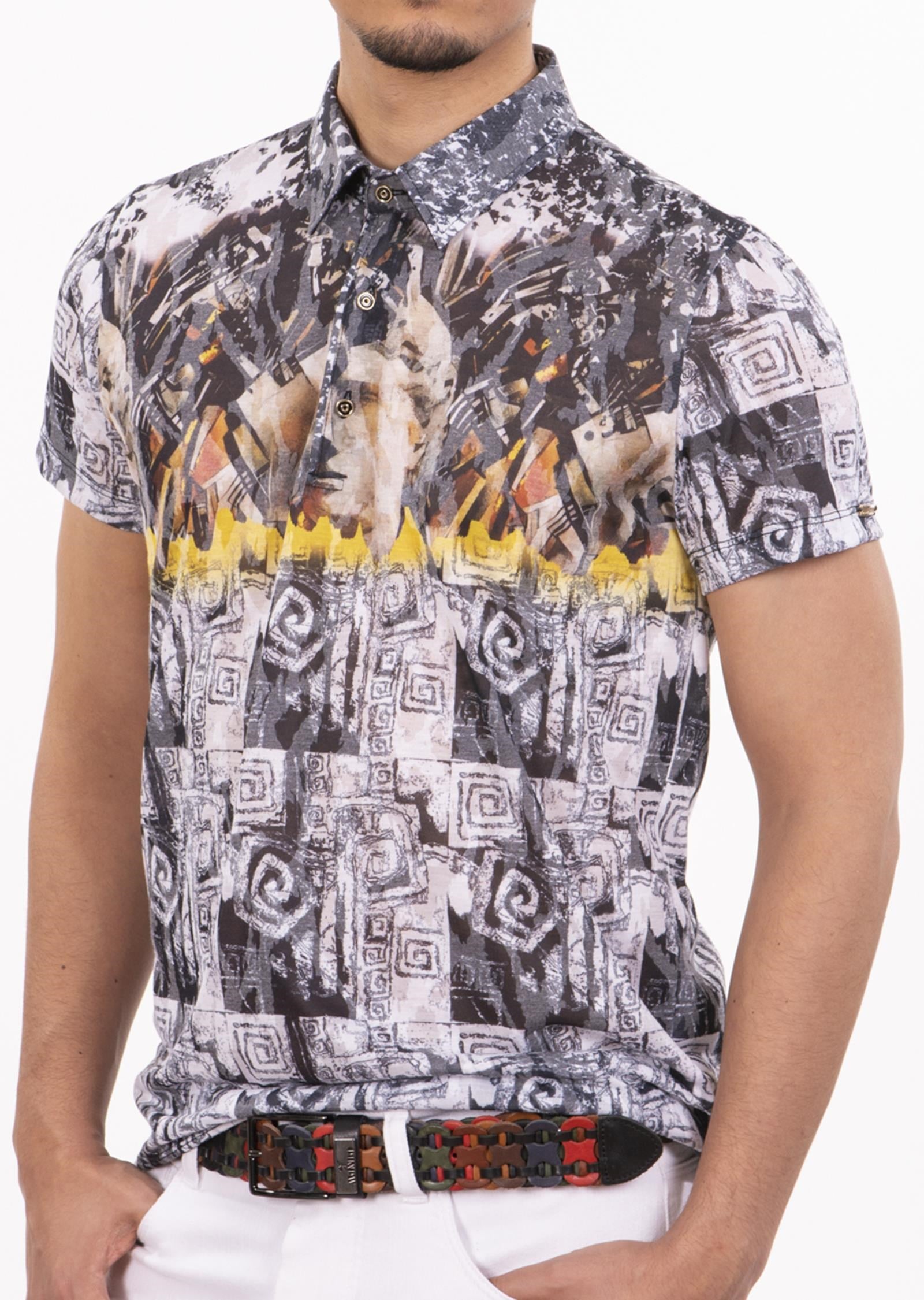 Beyaz Siyah Karışık Desenli Polo Yaka T-Shirt