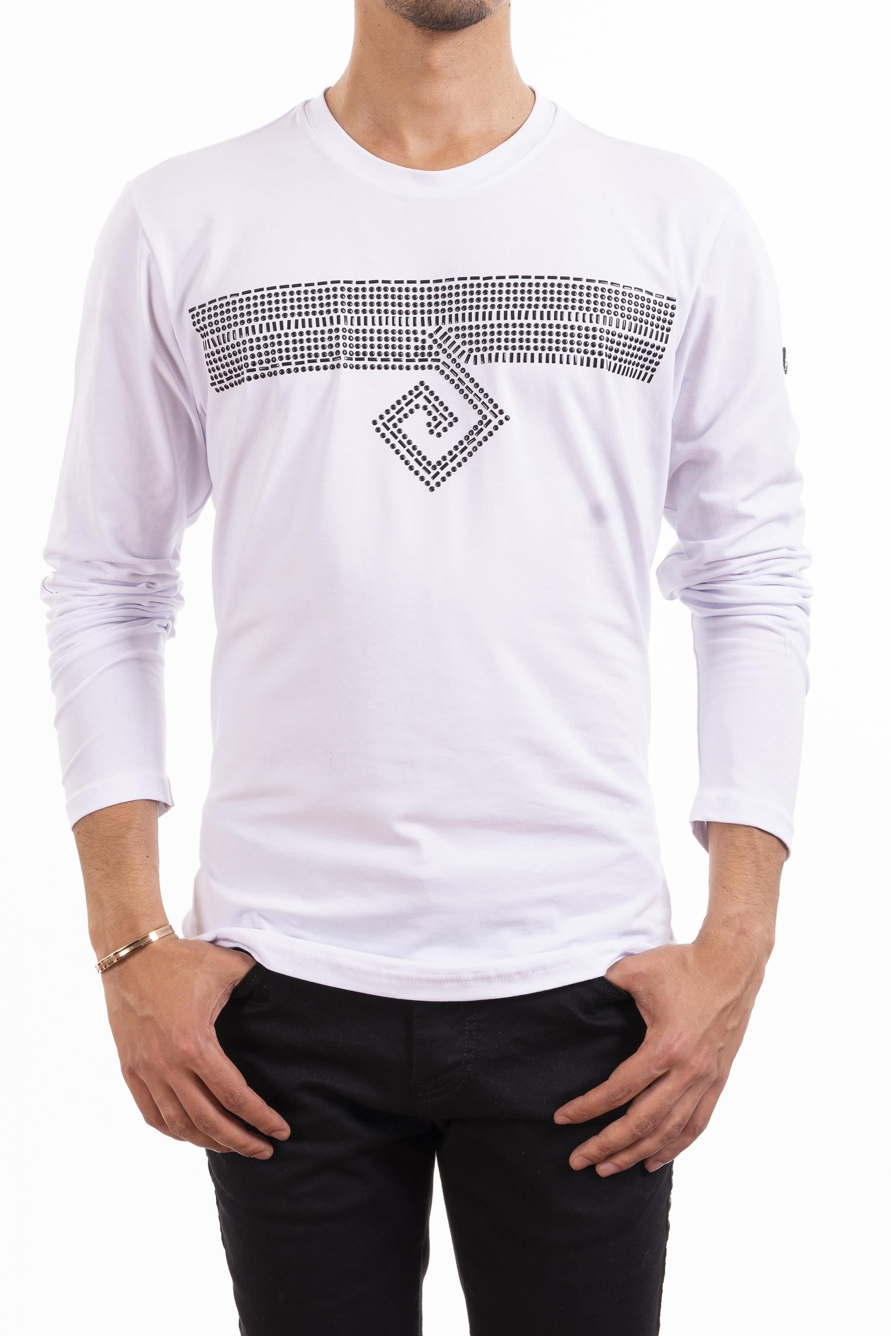 Beyaz Taşlı Bisiklet Yaka Sweatshirt