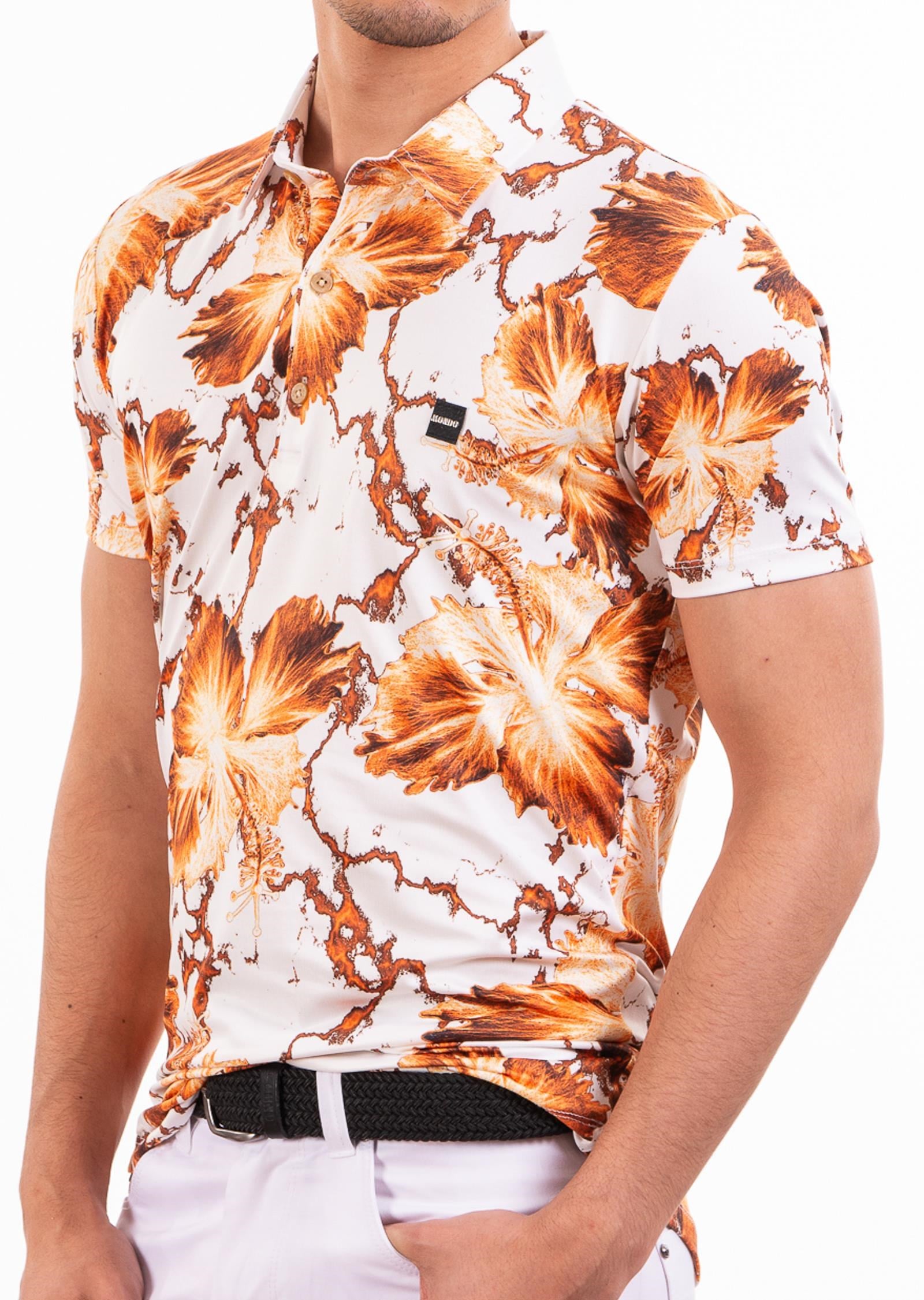 Beyaz Turuncu Çiçek Desenli Polo Yaka T-Shirt