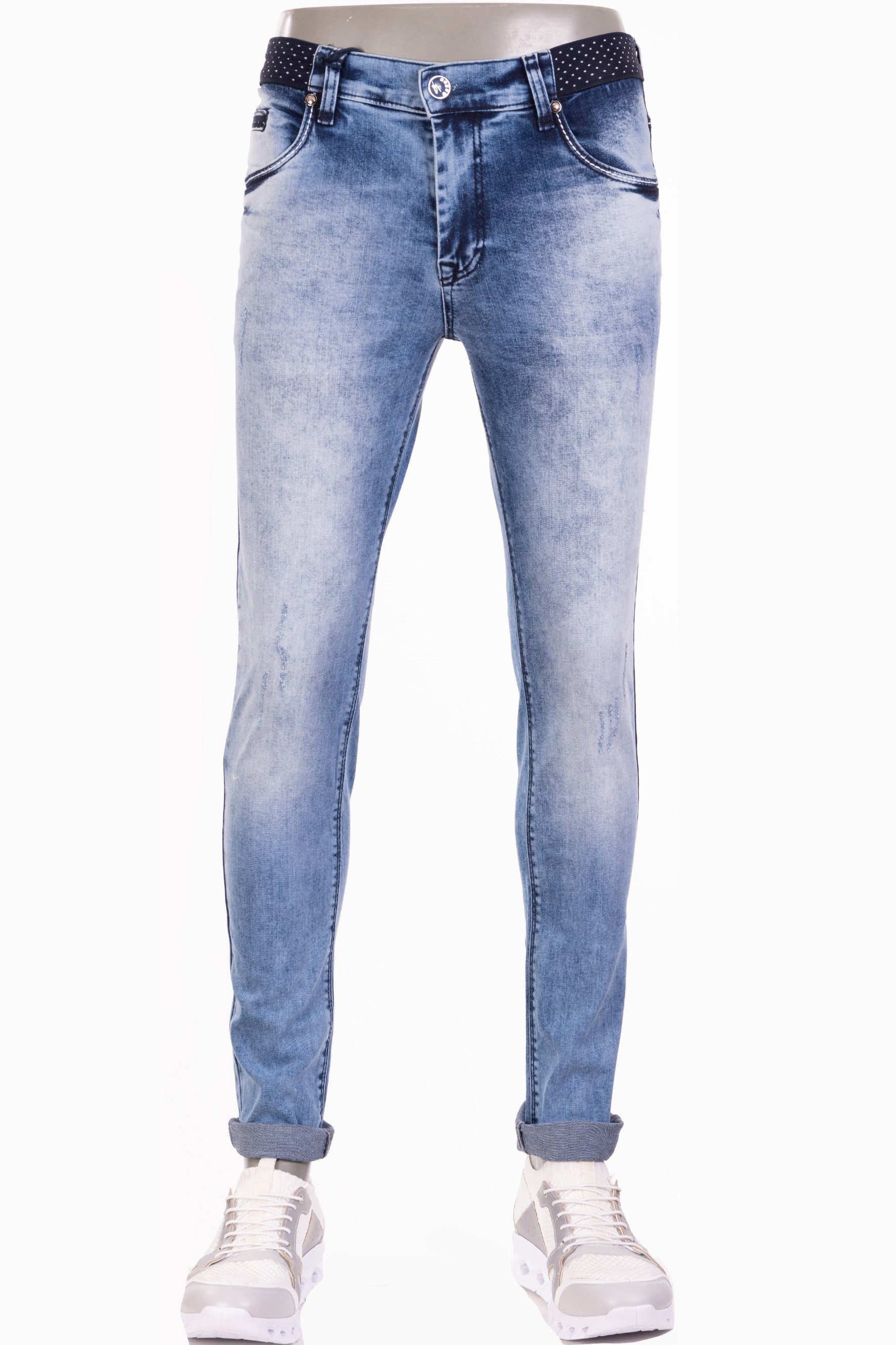 Buz Mavisi Taşlamalı Beli Puantiyeli Jean Pantolon