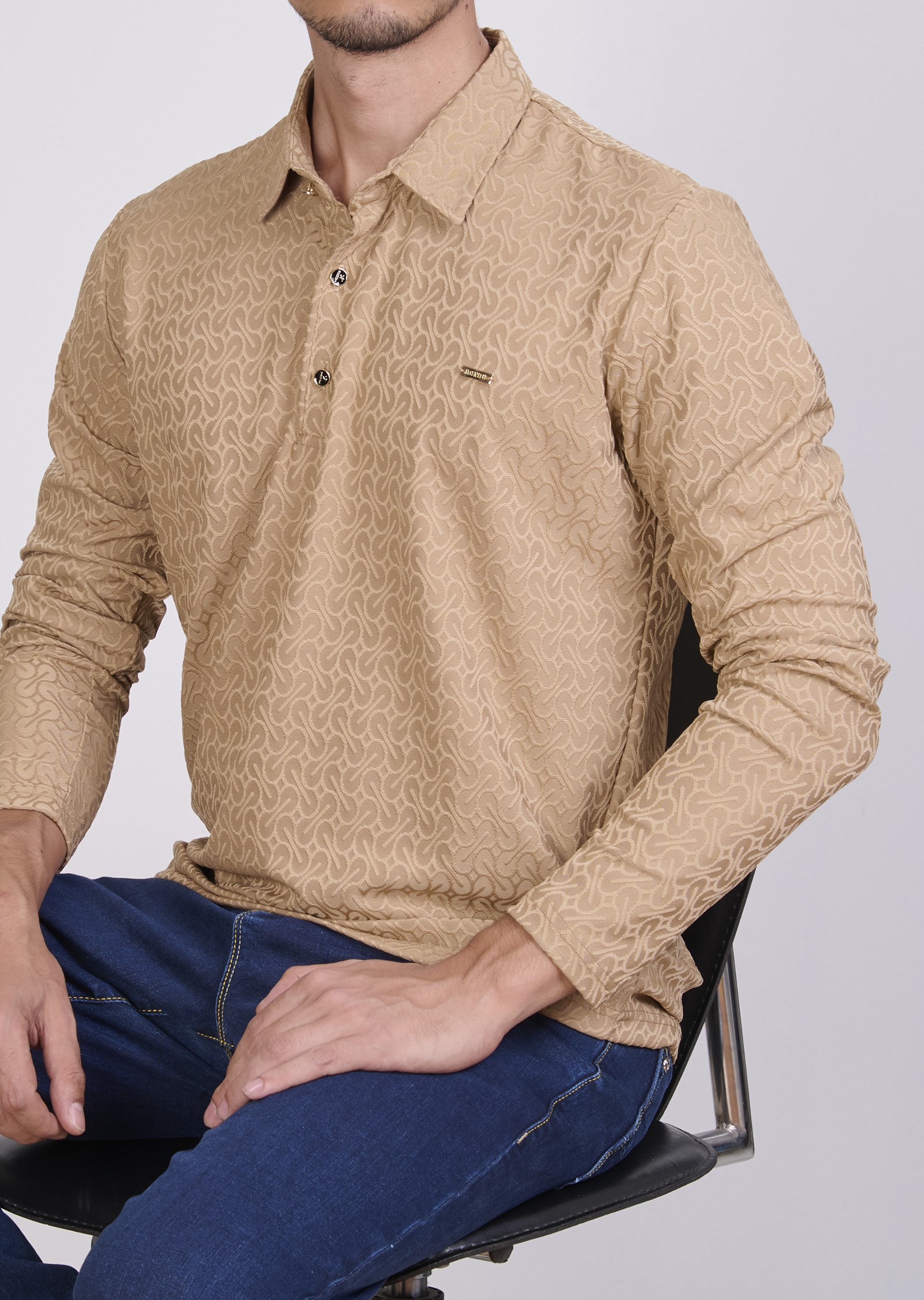Desenli Polo Yaka Bej Sweatshirt