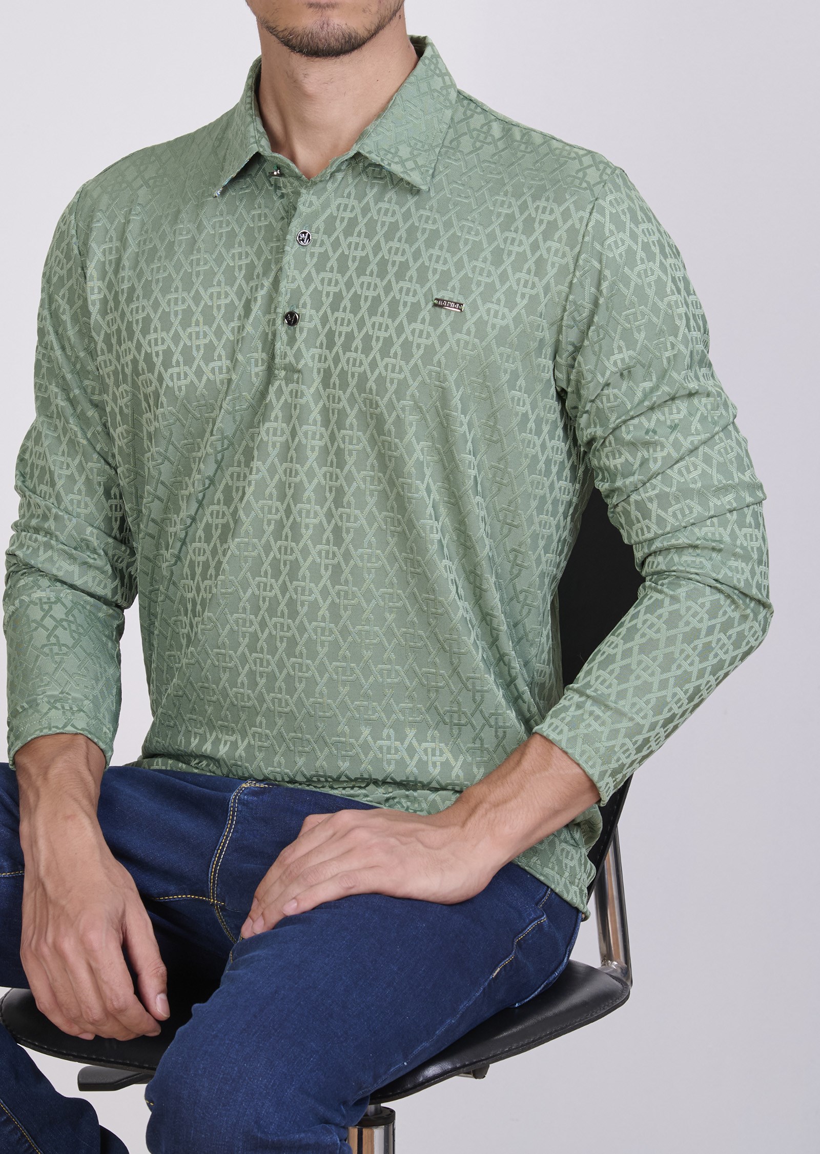 Desenli Polo Yaka Yeşil Sweatshirt