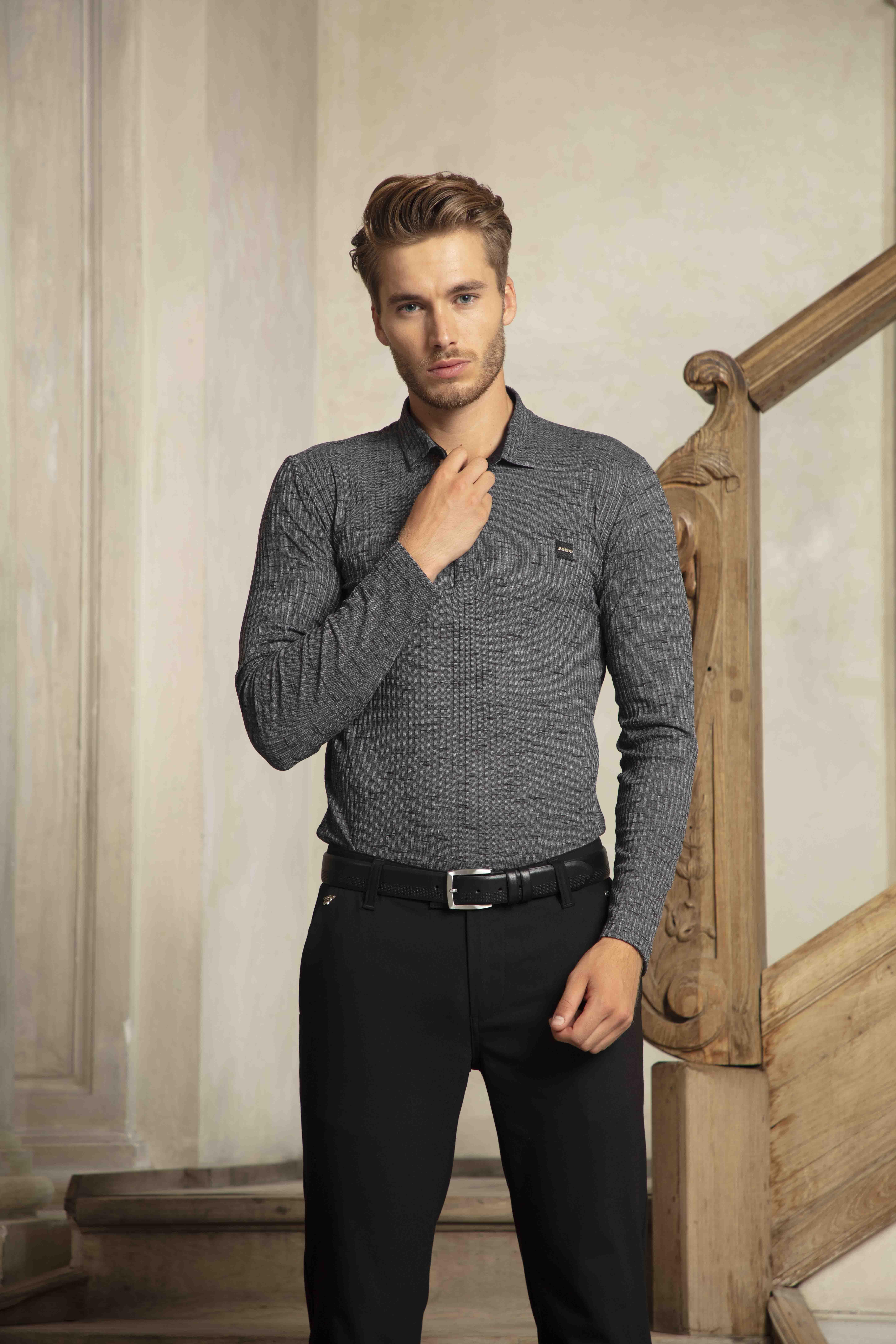 Flam Desenli Polo Yakalı Örme Antrasit Sweatshirt