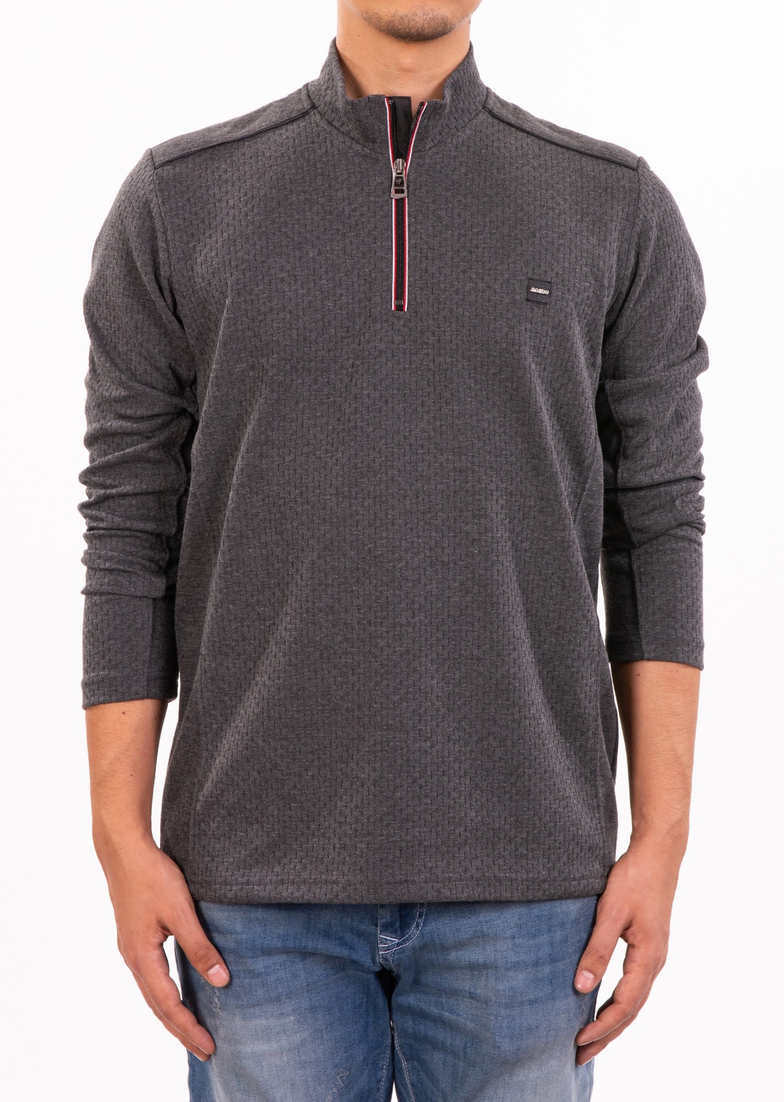 Gri Dik Yaka Fermuarlı Sweatshirt