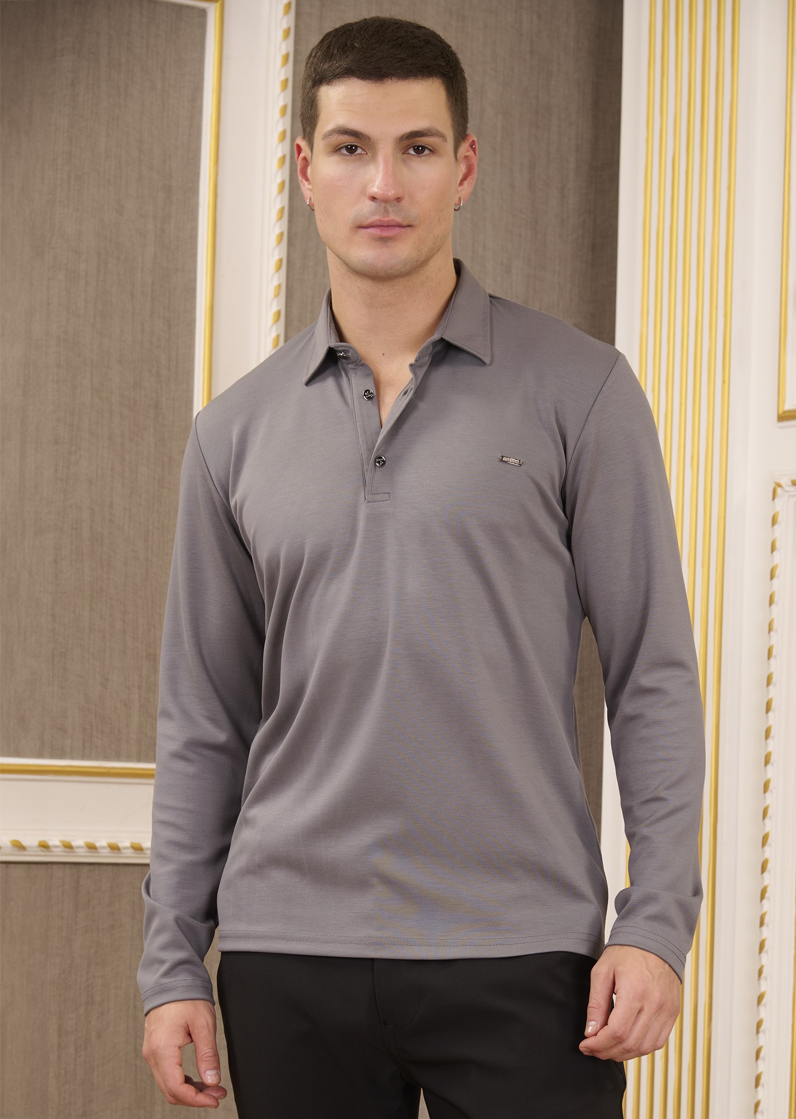Gri Polo Yaka Bi Stretch İnterlok Sweatshirt