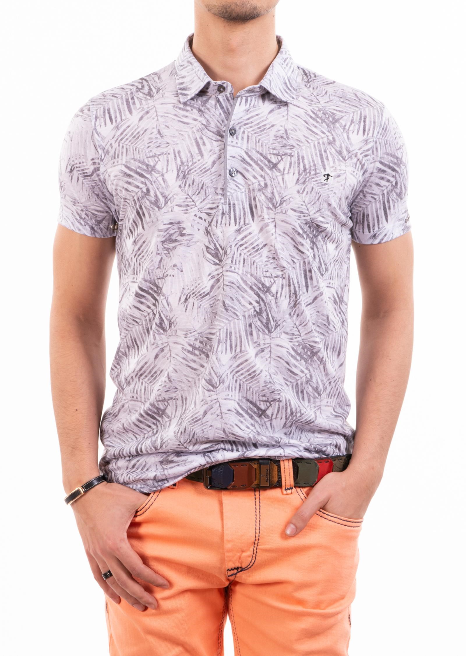 Gri Yaprak Desenli Polo Yaka T-Shirt