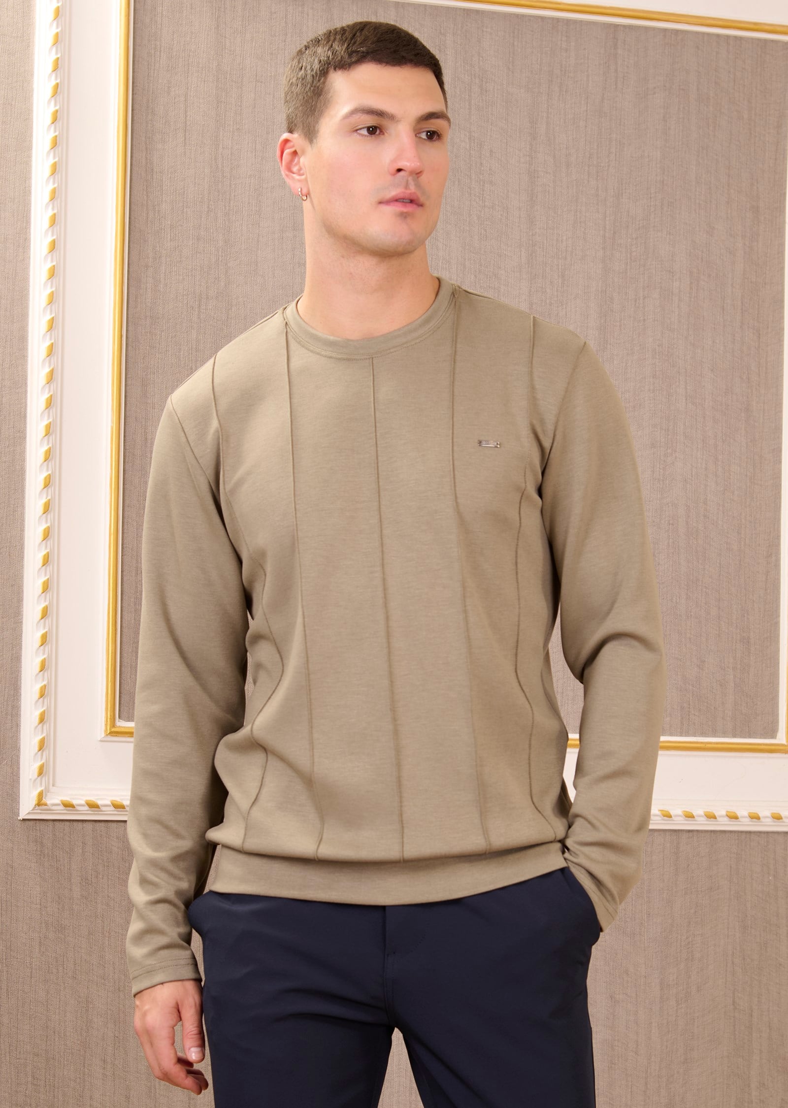 Haki Bisiklet Yaka Bi-Stretch Nervurlu İnterlok Sweatshirt
