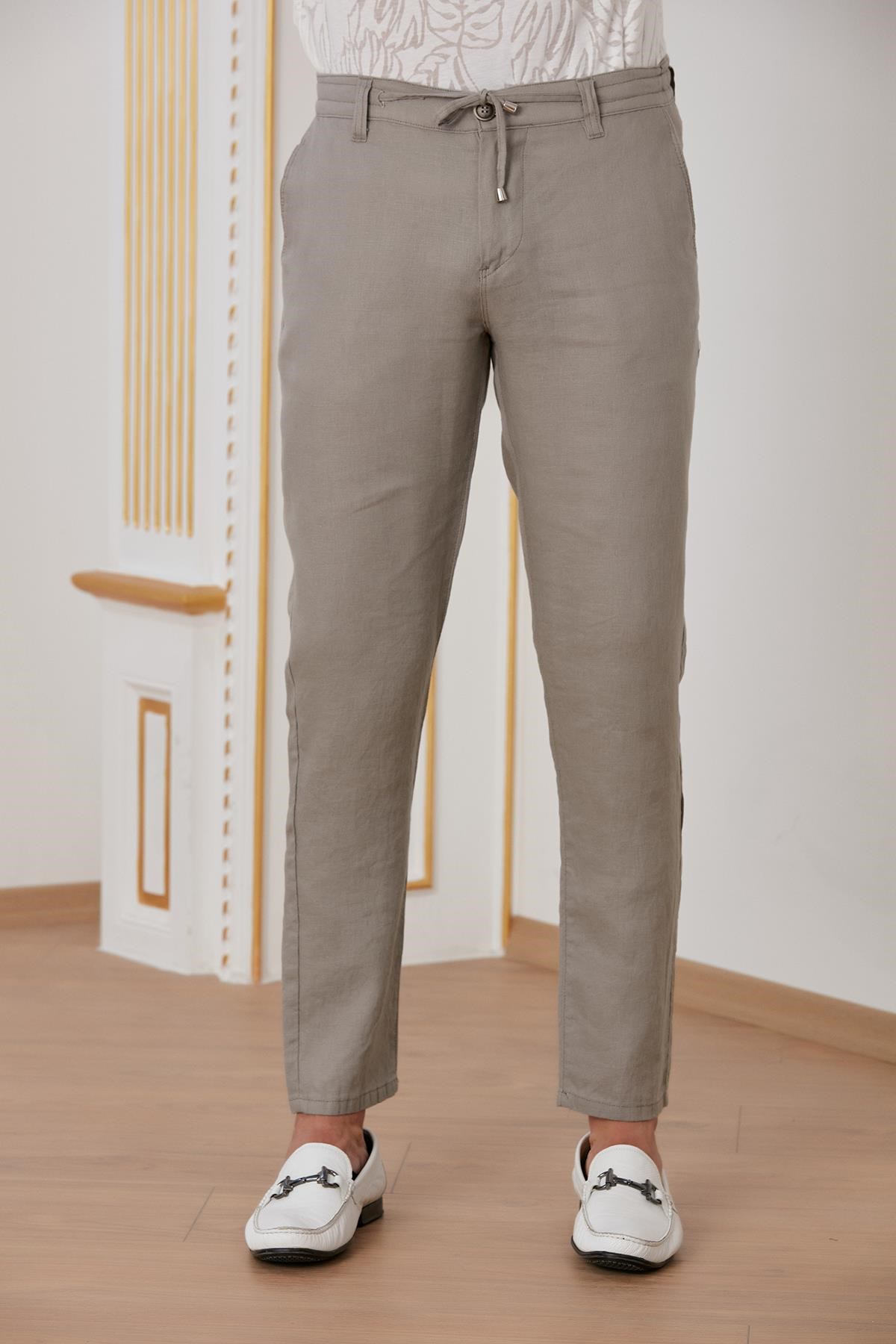 Haki İpli Keten Pantolon
