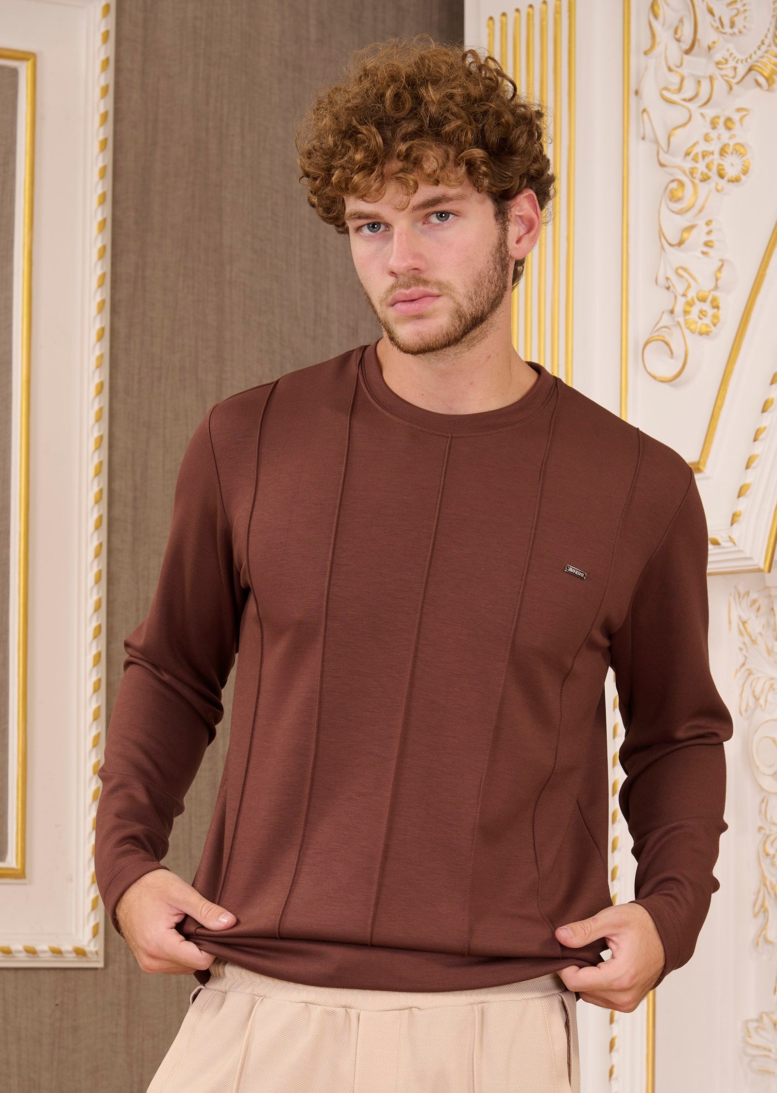 Kahve Bisiklet Yaka Bi-Stretch Nervurlu İnterlok Sweatshirt