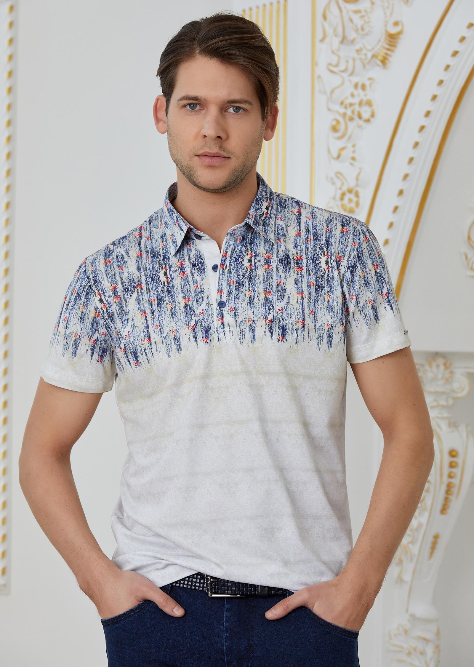 Krem Mavi Karışık Desenli Polo Yaka T-Shirt