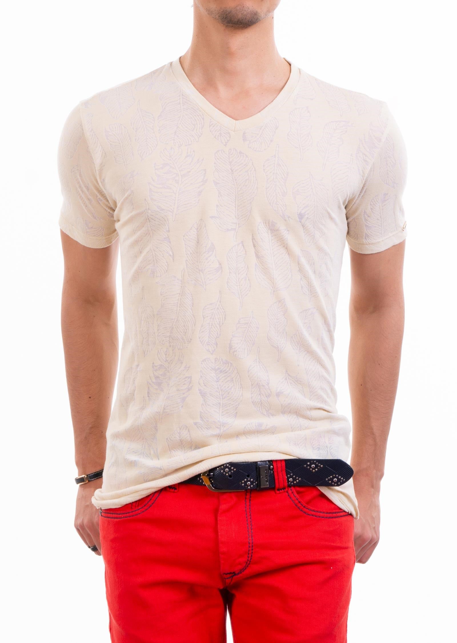 Krem Yaprak Desenli V Yaka T-Shirt