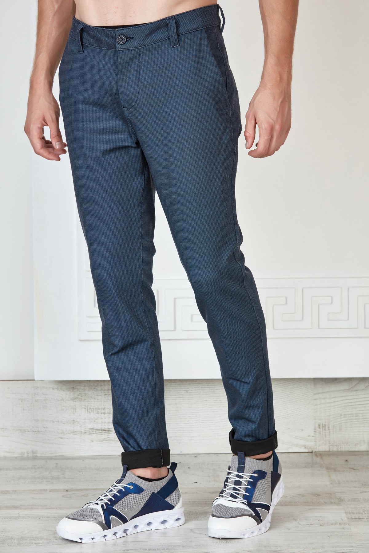 Lacivert Desenli Slim Fit Pantolon