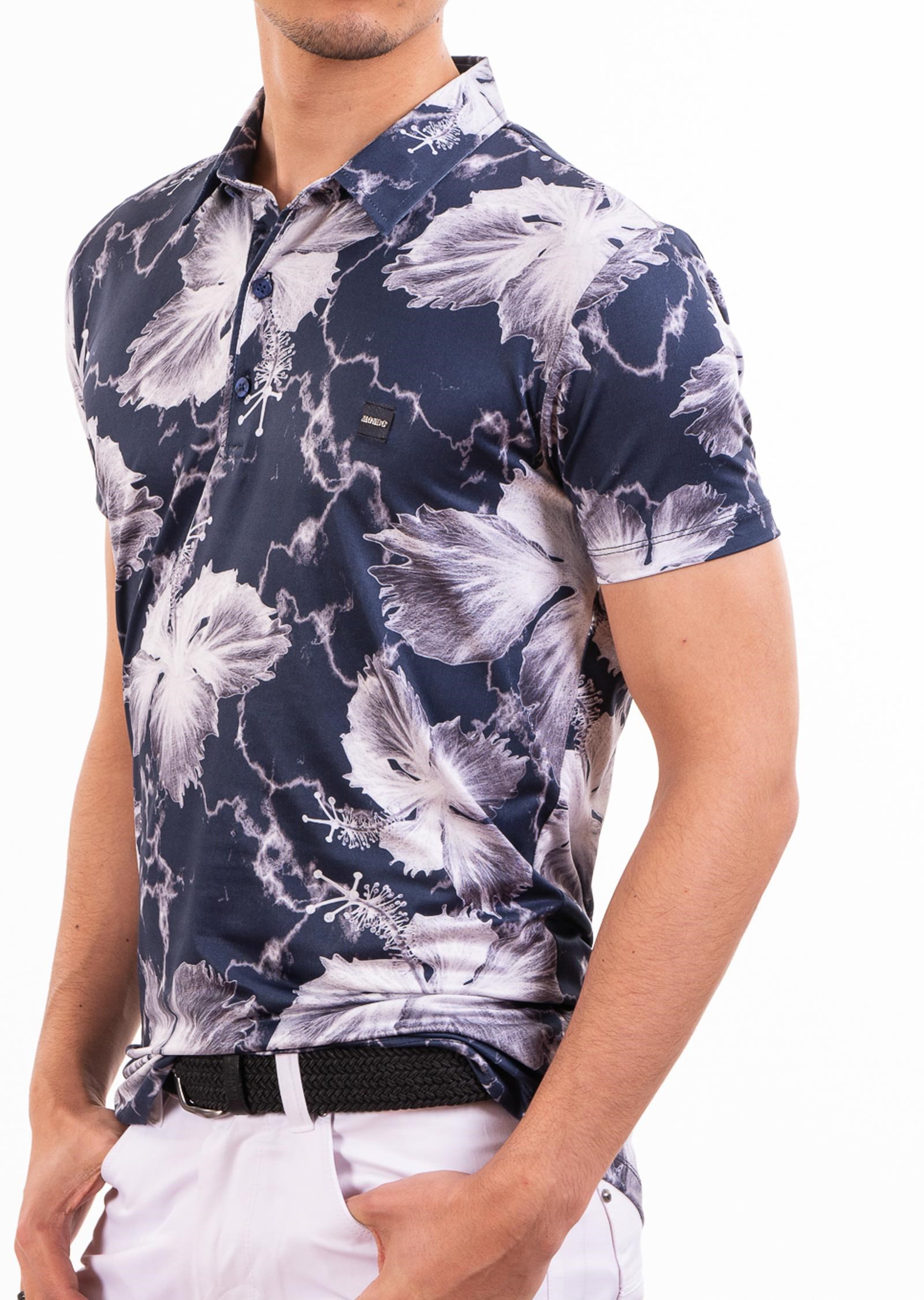 Lacivert Gri Çiçek Desenli Polo Yaka T-Shirt