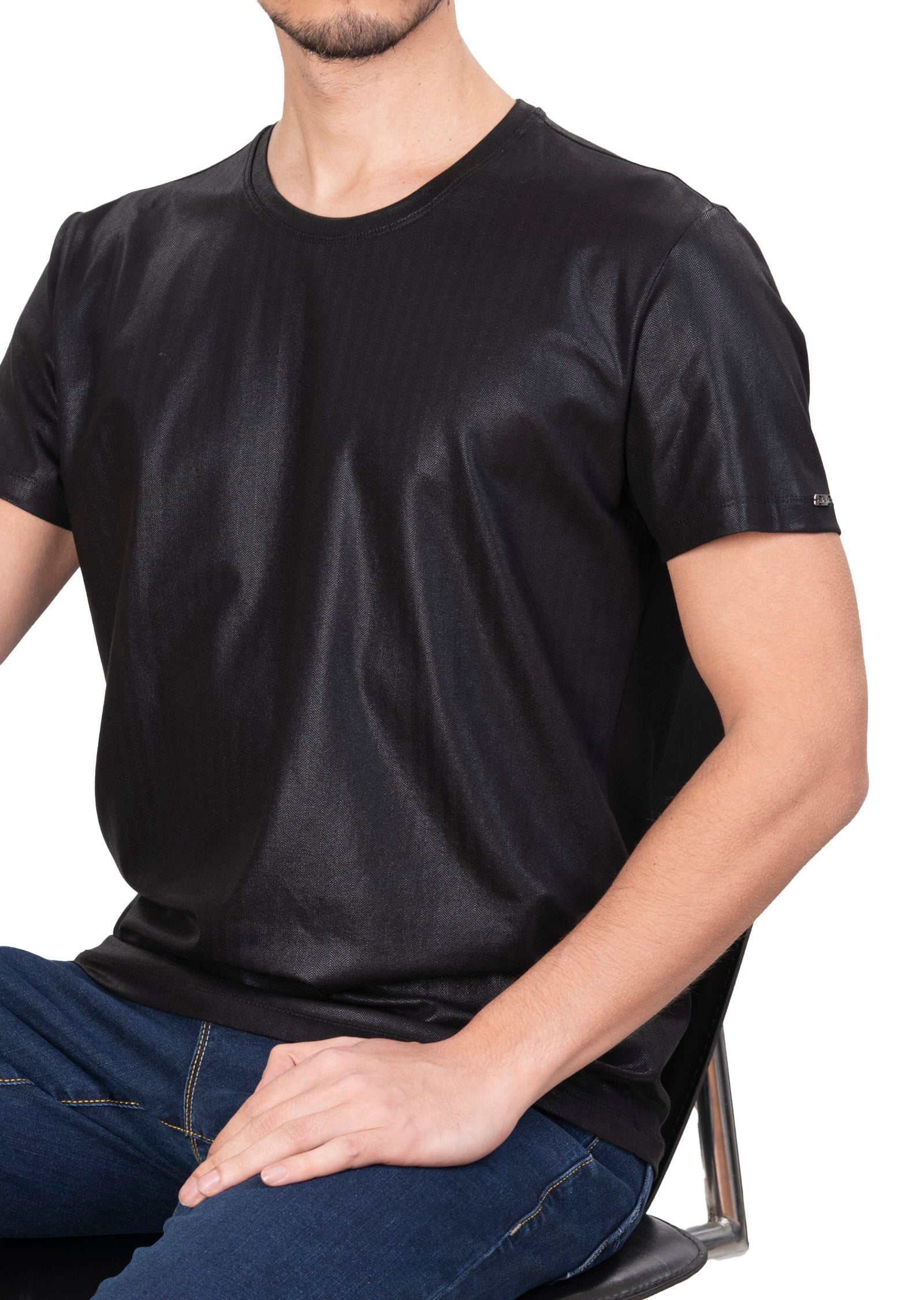 Mondo Parlak Siyah Bisiklet Yaka T-Shirt