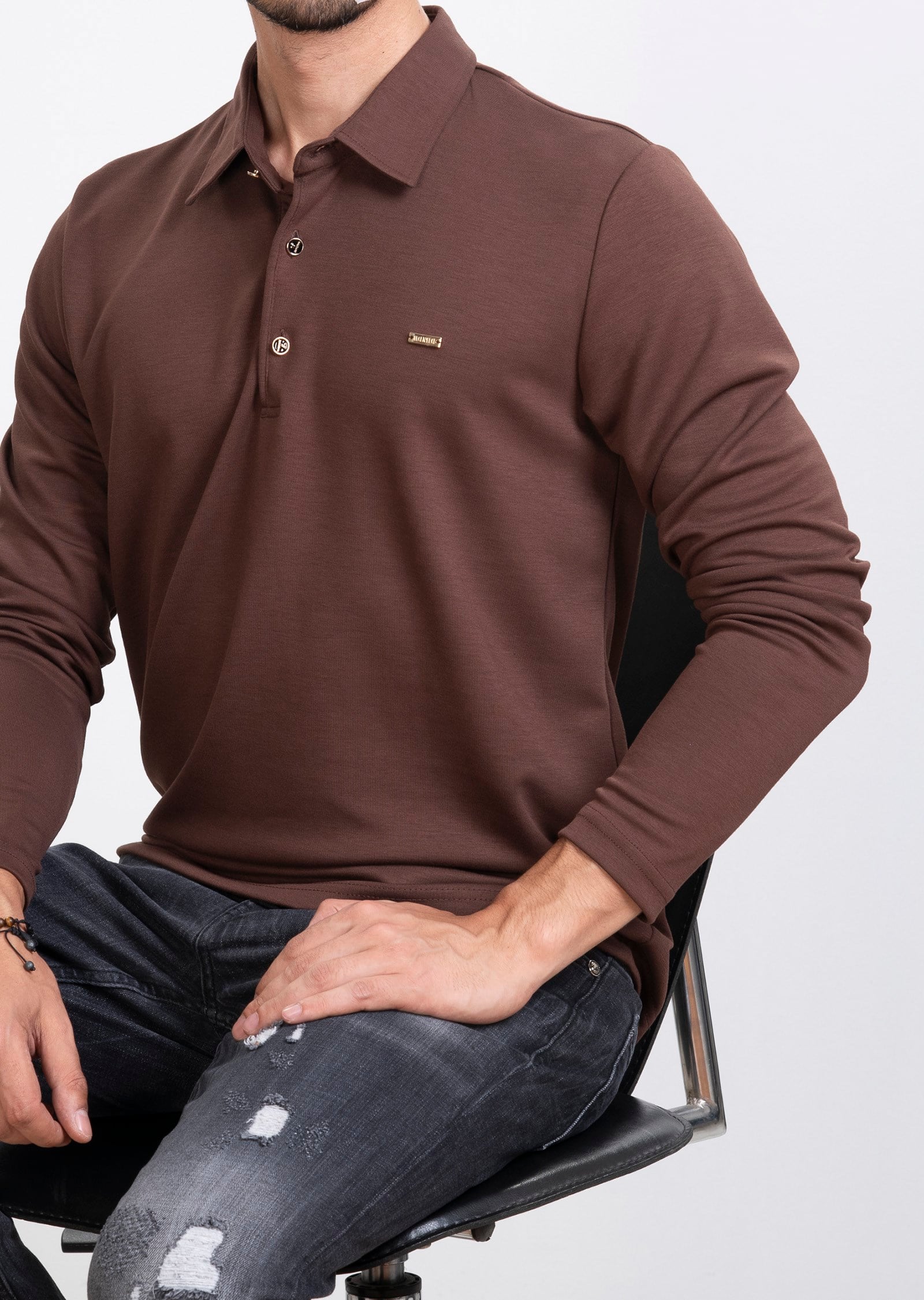 Polo Yaka Kahverengi Sweatshirt