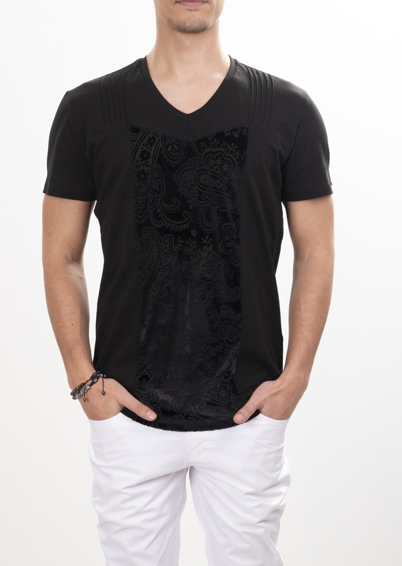 Şal Desen Garnili V Yaka T-Shirt