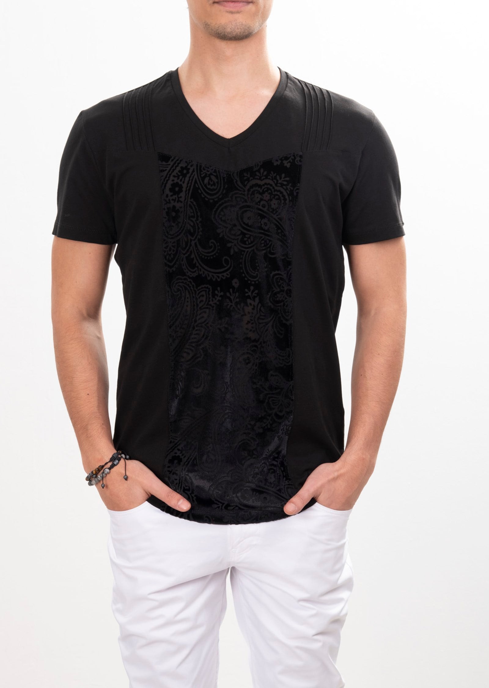 Şal Desen Garnili V Yaka T-Shirt