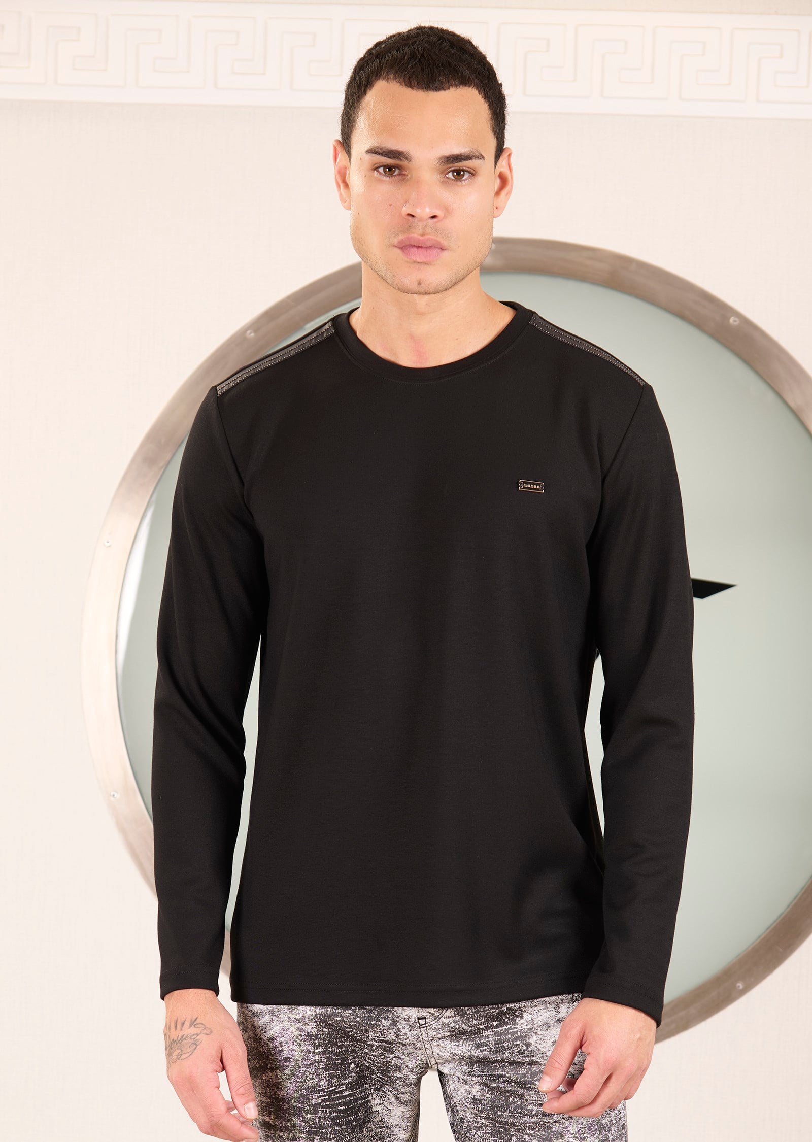 Siyah Bisiklet Yaka Bi-Stretch Garnili İnterlok Sweatshirt