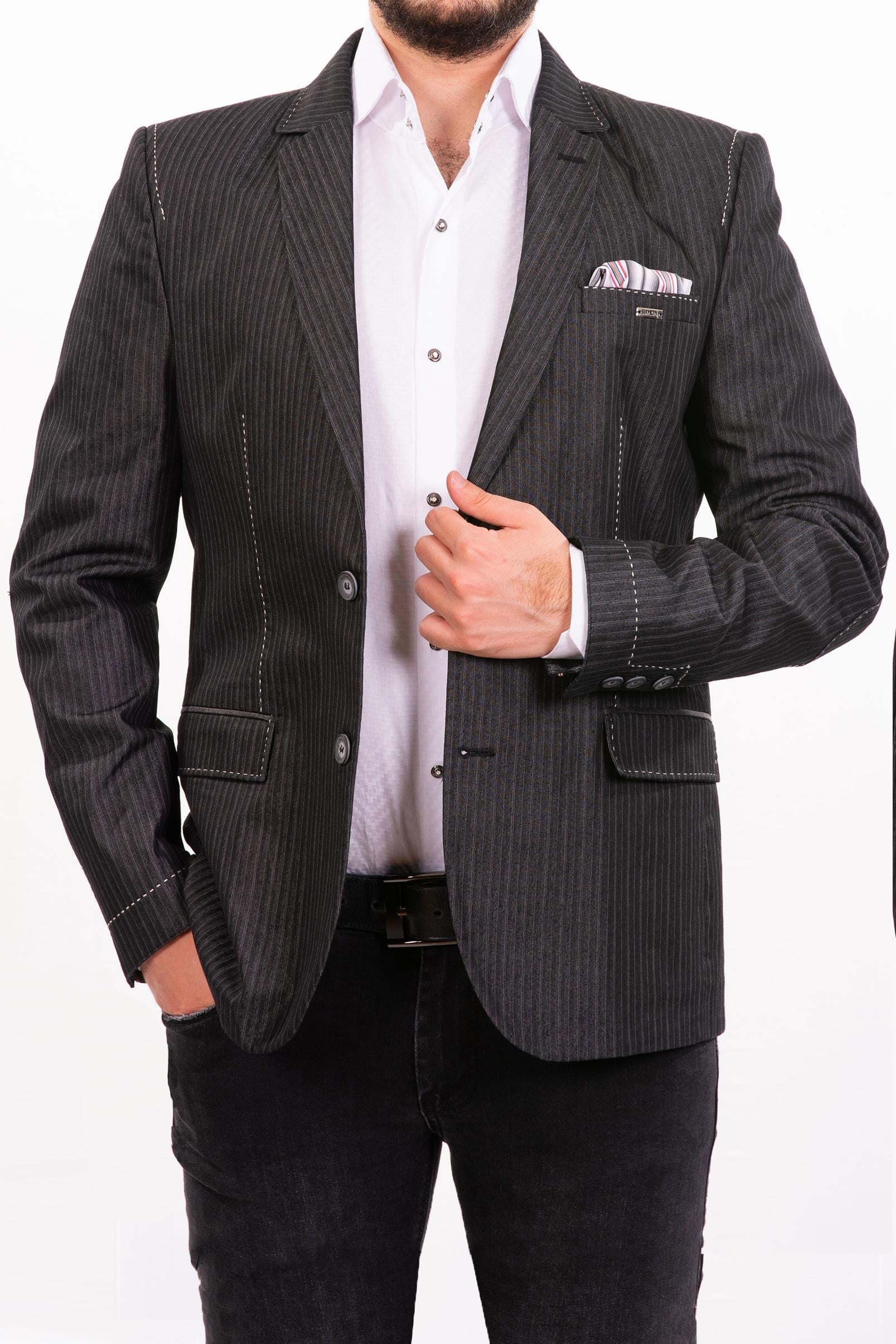 Siyah Çizgili Beyaz Nakışlı Blazer Ceket