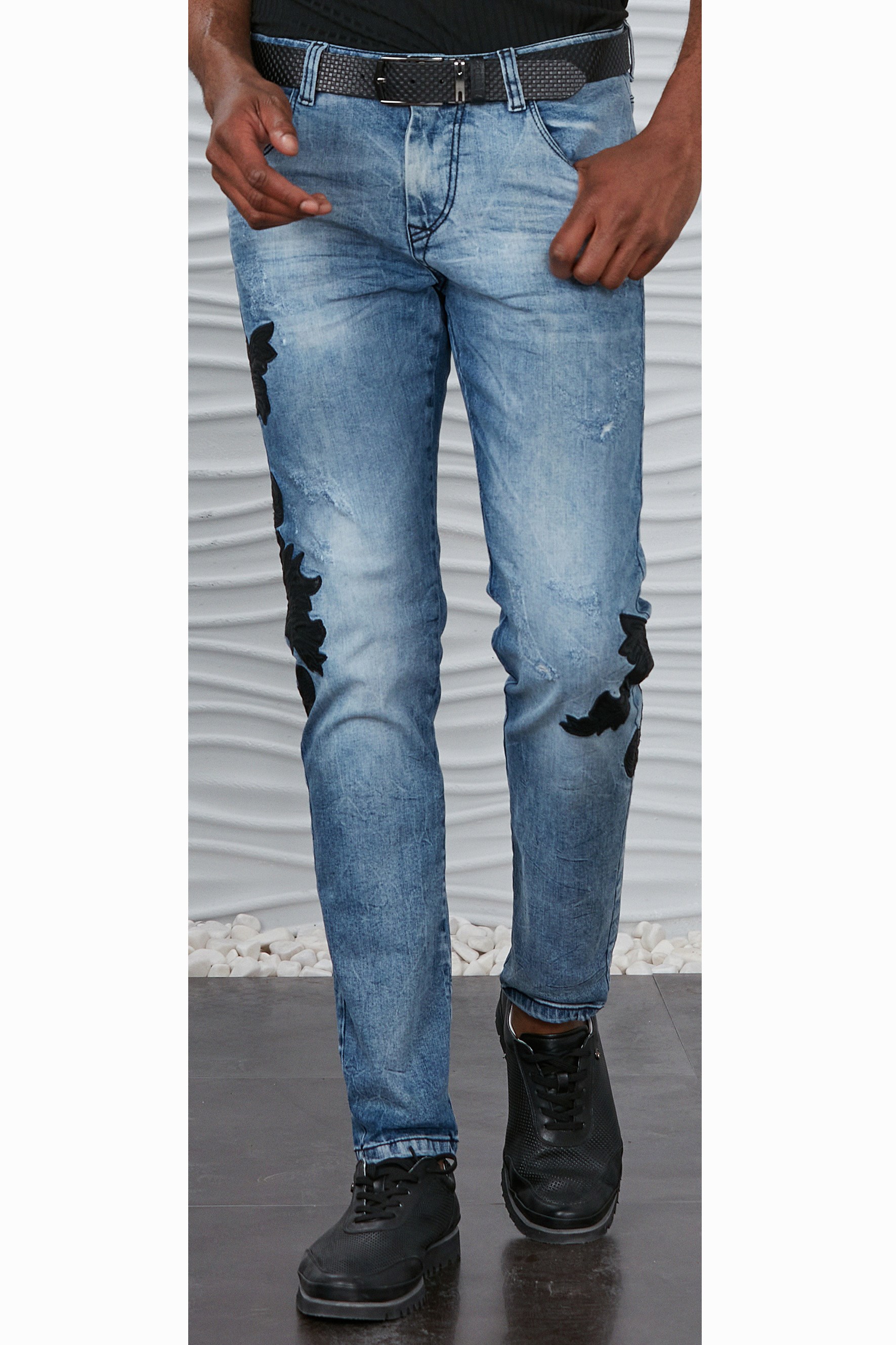 Siyah Deri Motifli Jean Pantolon