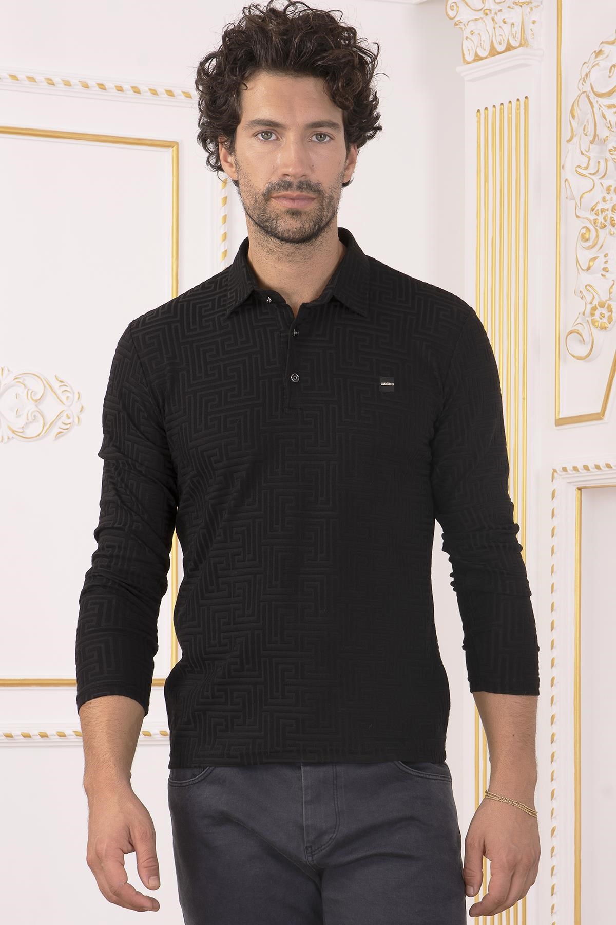 Siyah Desenli Polo Yaka Sweatshirt