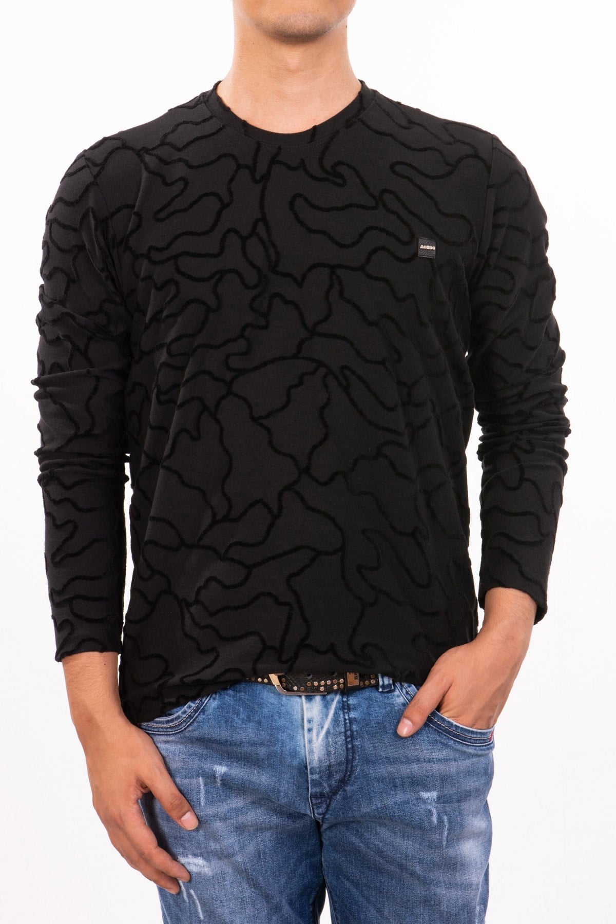 Siyah Eğri Dokuma Örgü Sweatshirt