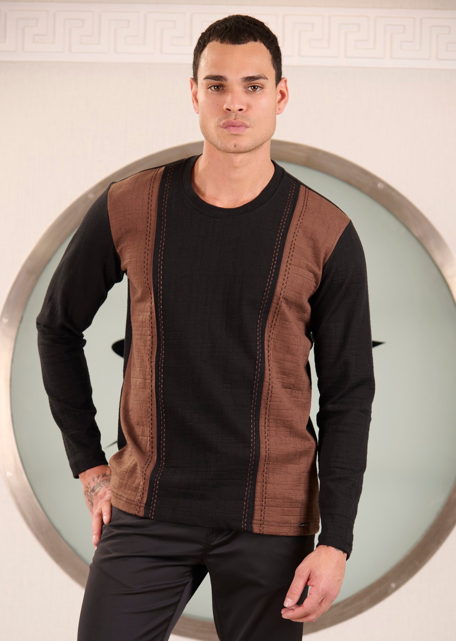 Siyah Kahve Dikiş Detaylı Pamuklu Jakarlı Sweatshirt