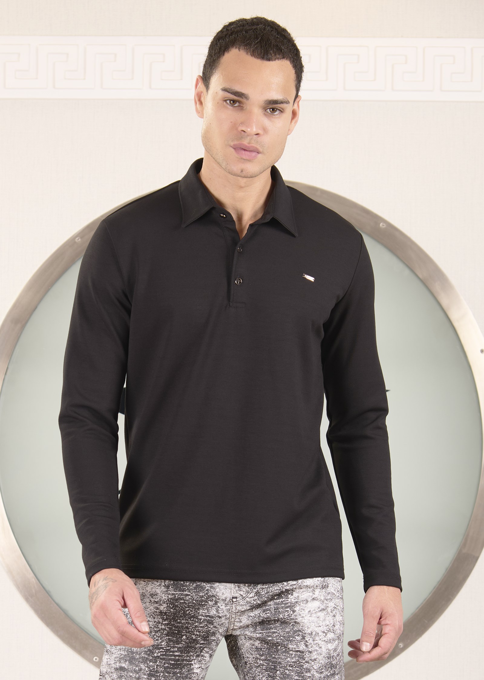 Siyah Polo Yaka Bi Stretch İnterlok Sweatshirt