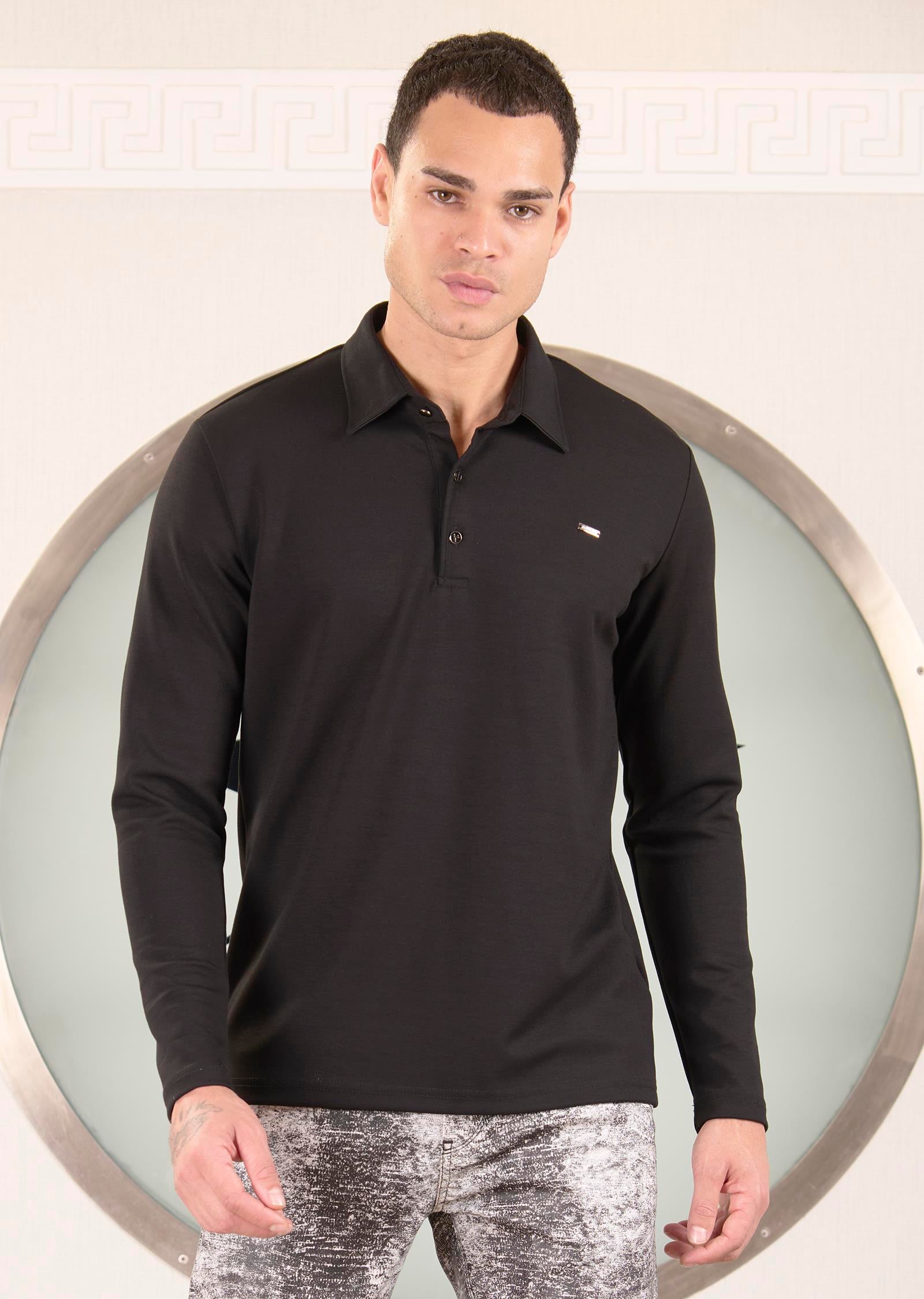 Siyah Polo Yaka Bi Stretch İnterlok Sweatshirt